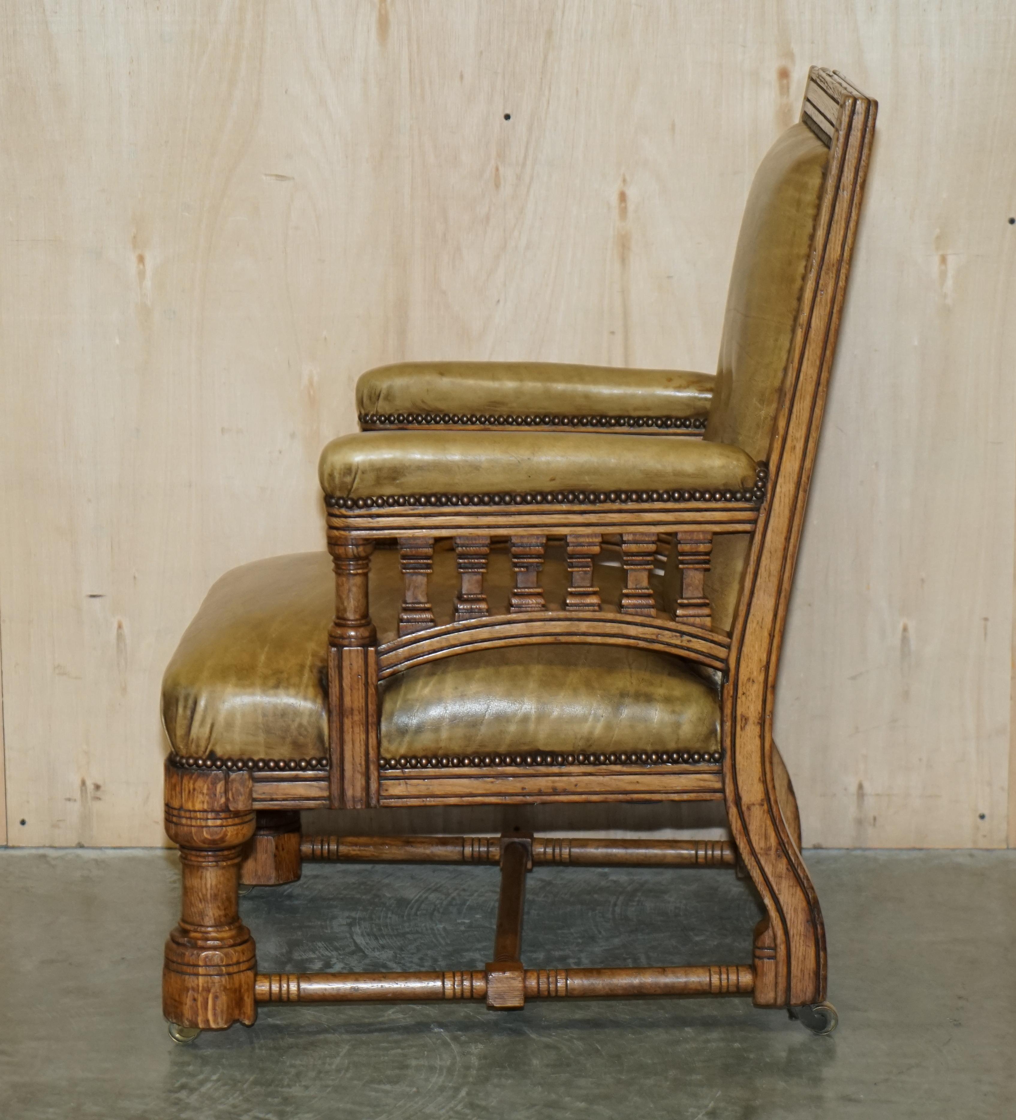 Original Victorian English Oak Hand Dyed Leather Library Reading Armchair For Sale 16