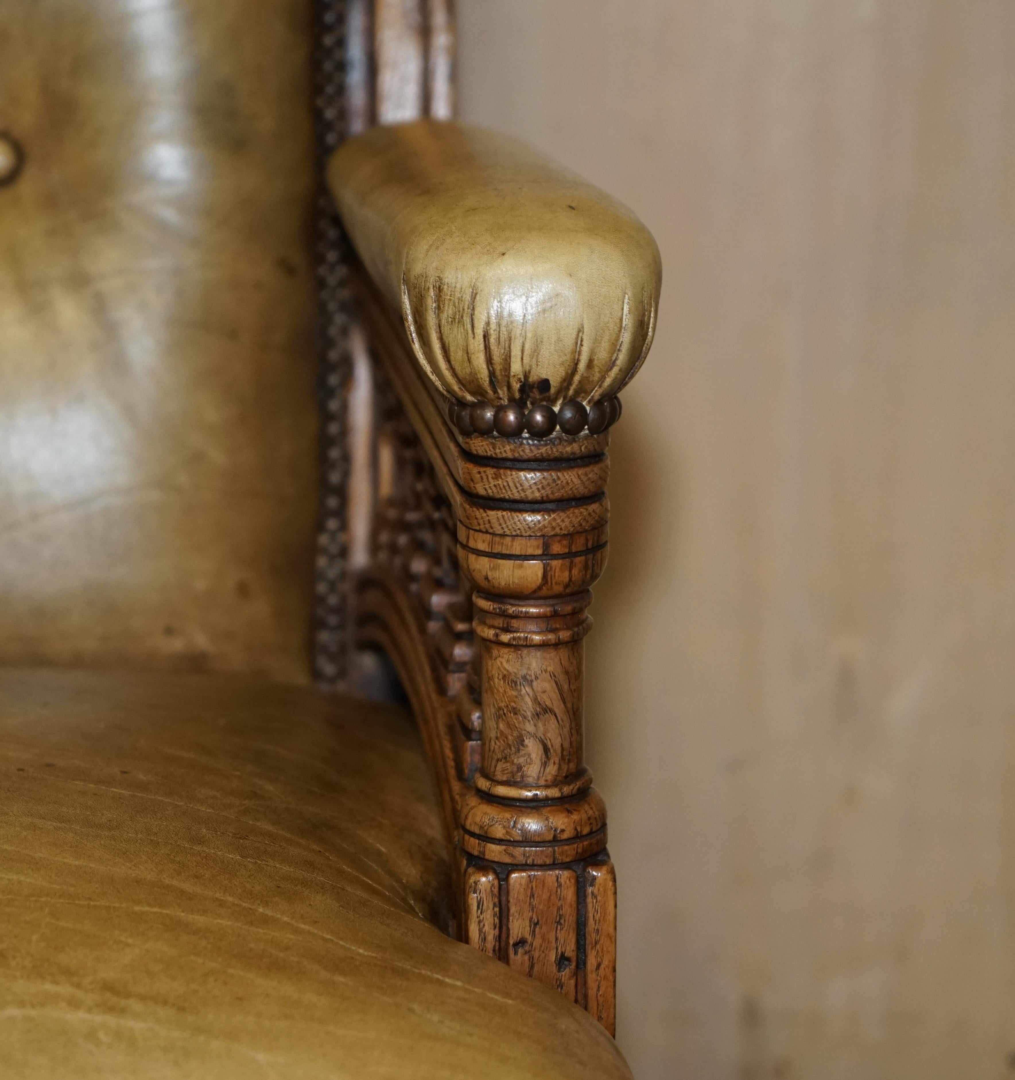 Original Victorian English Oak Hand Dyed Leather Library Reading Armchair For Sale 3