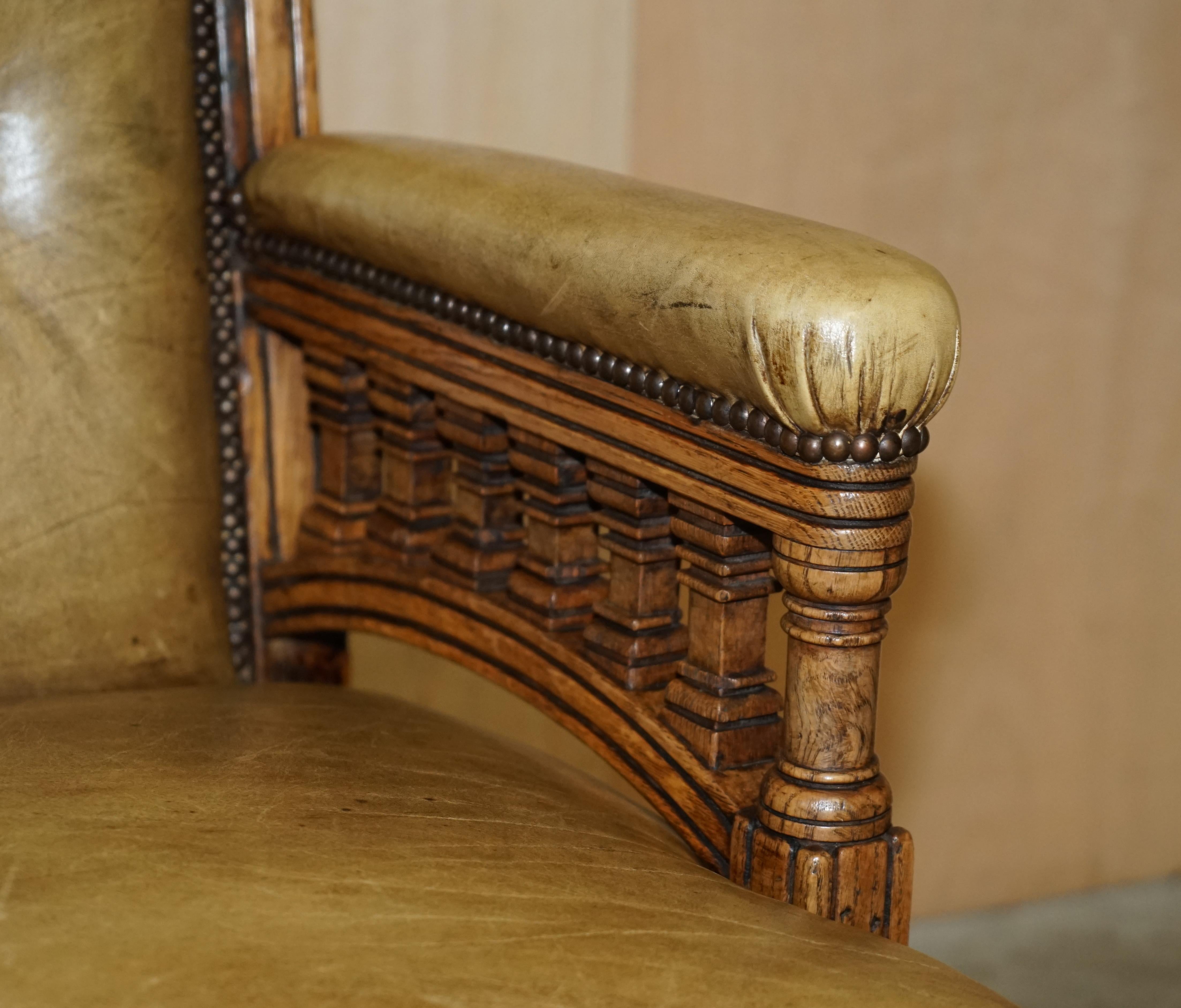 Original Victorian English Oak Hand Dyed Leather Library Reading Armchair For Sale 4