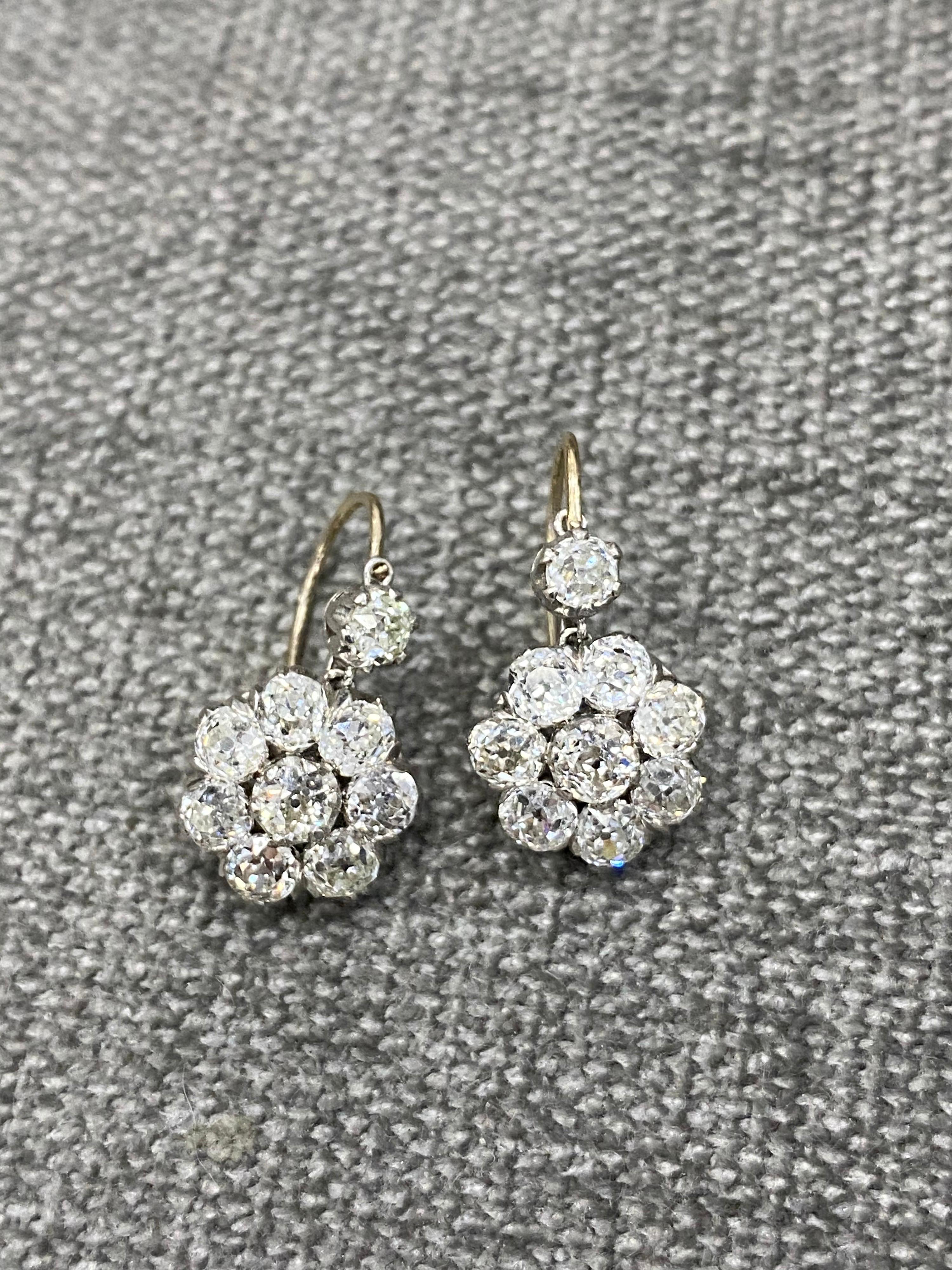 Original Victorian Flower Cluster Diamond Drop Earrings 1