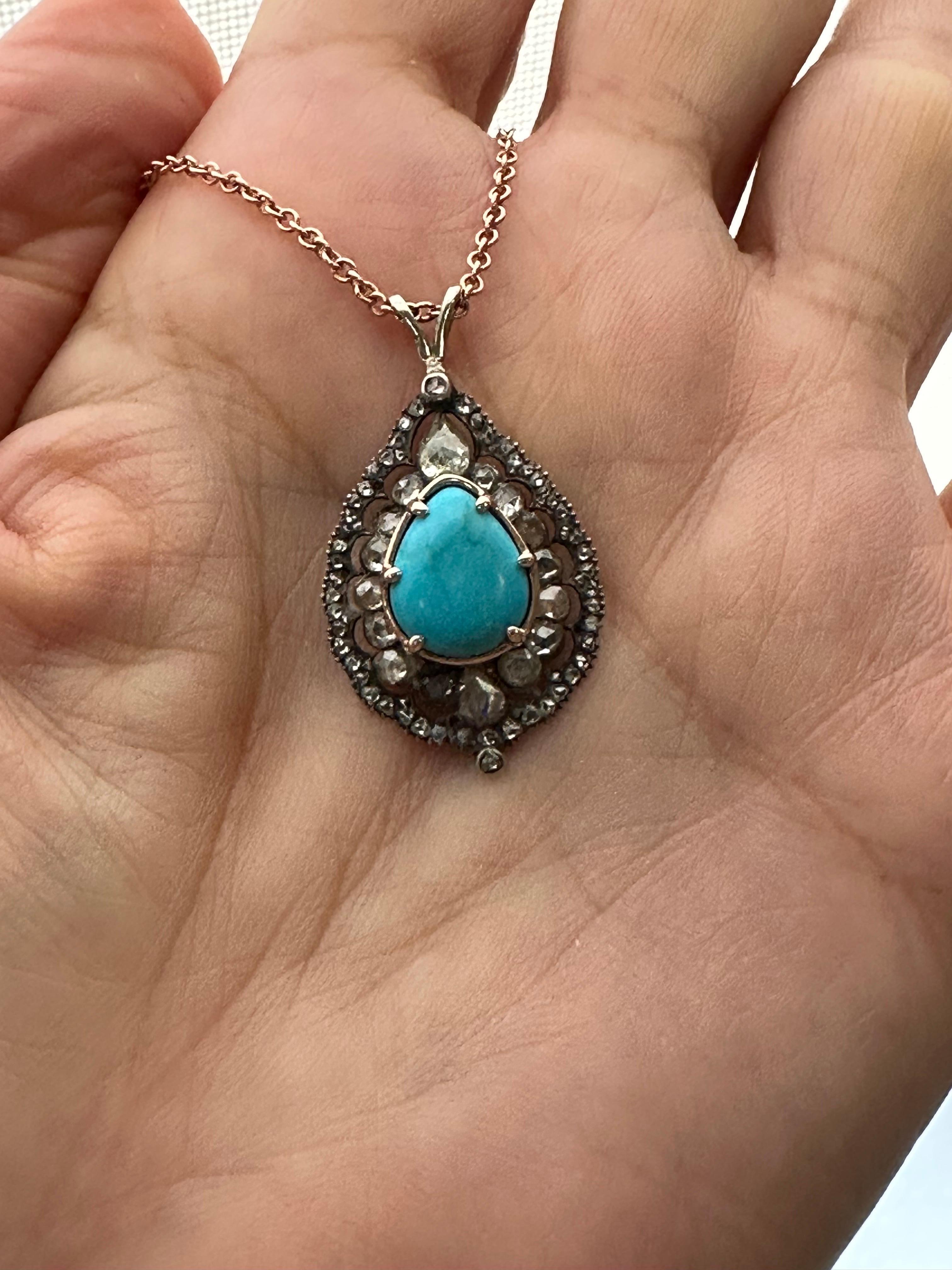 Original Victorian Turquoise Rose Cut Diamond Pendant  In Good Condition For Sale In New York, NY