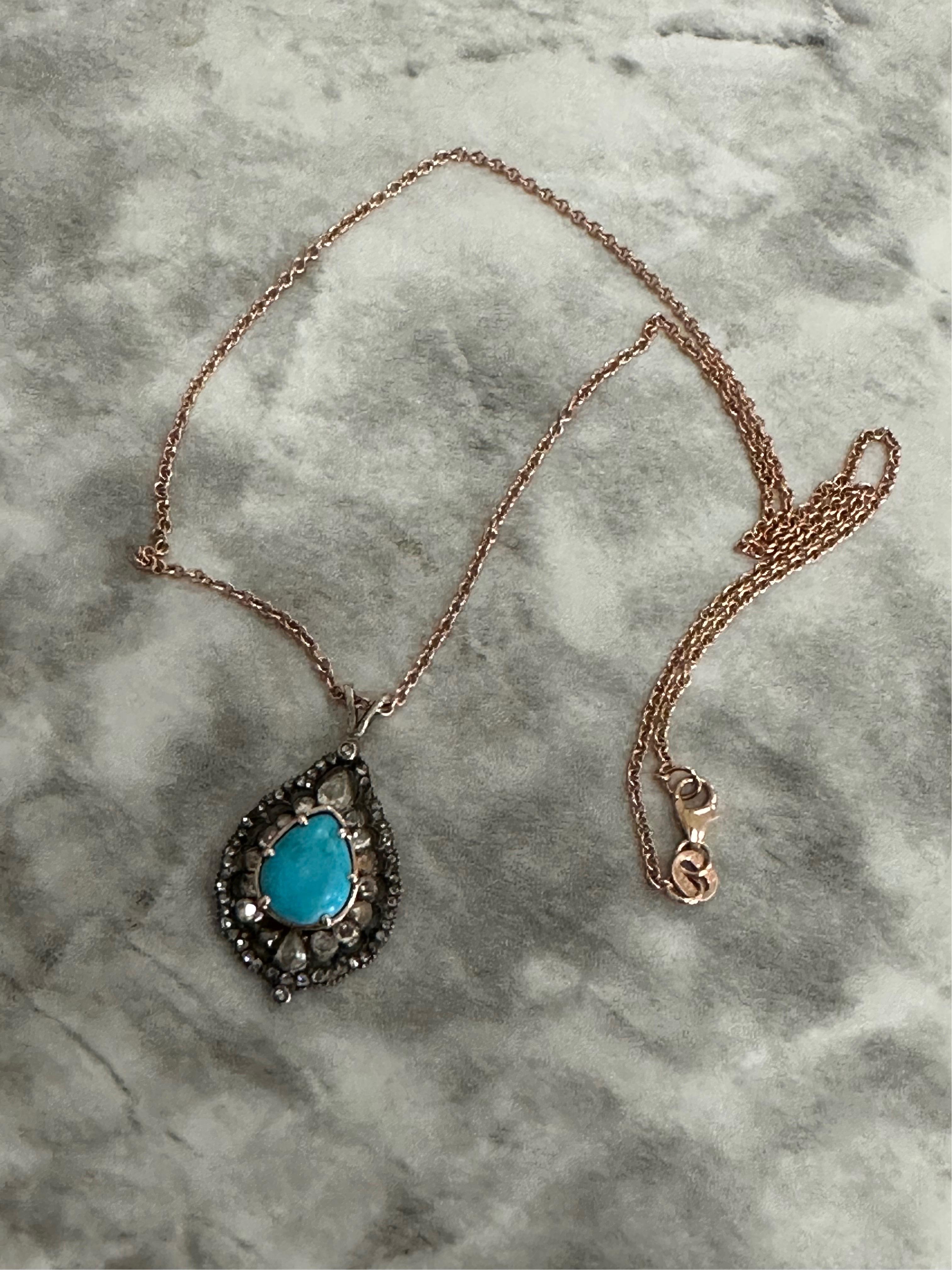 Original Victorian Turquoise Rose Cut Diamond Pendant  For Sale 1