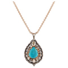 Original Victorian Turquoise Rose Cut Diamond Pendant Antique Original Victorian Turquoise Rose Cut Diamond Pendant