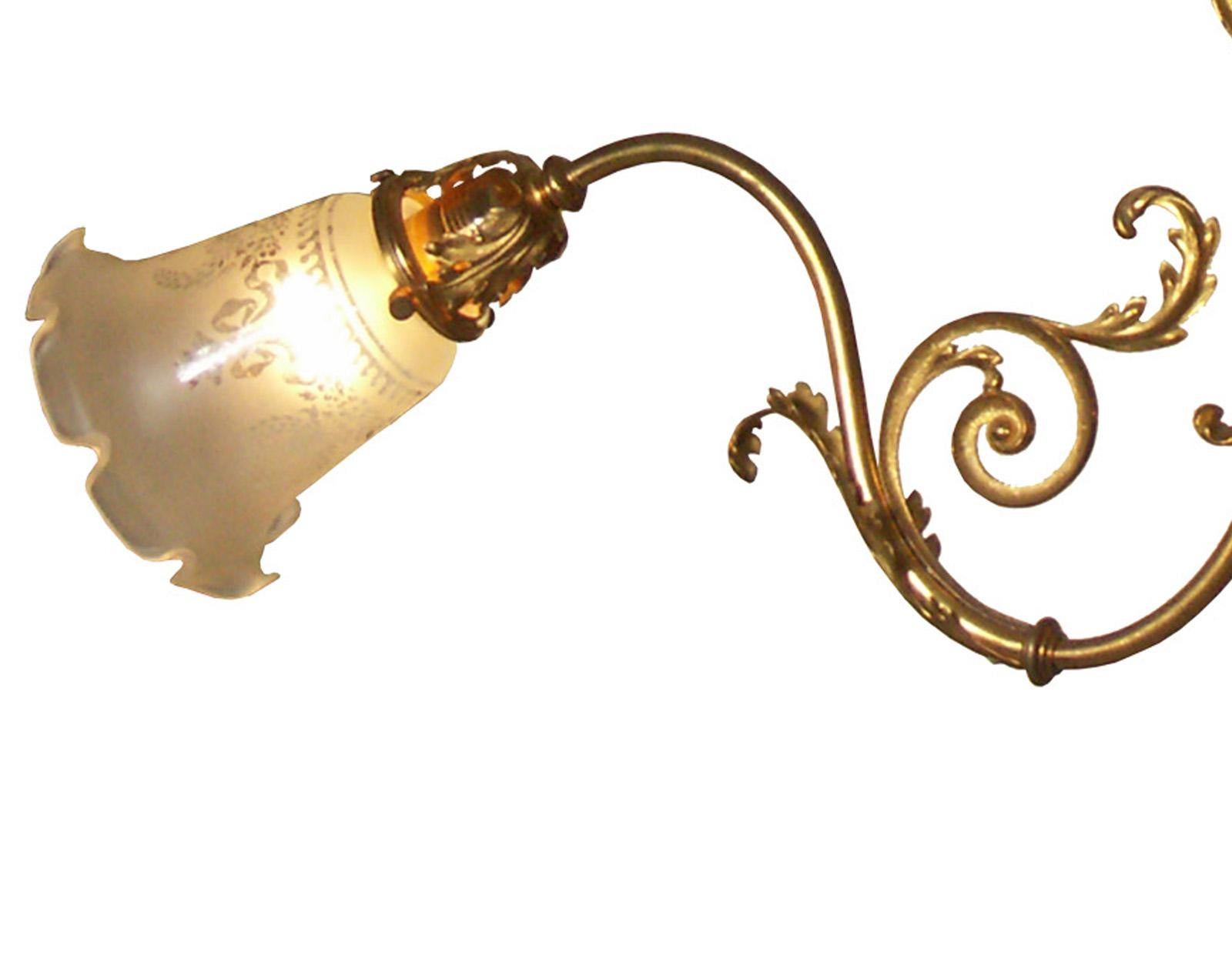 In Vienna the private houses were connected to the electricity grid, circa 1900. At that time the common gaslights were changed to the new technology. As well new chandelier were built for electric light only. This typical Viennese chandelier has