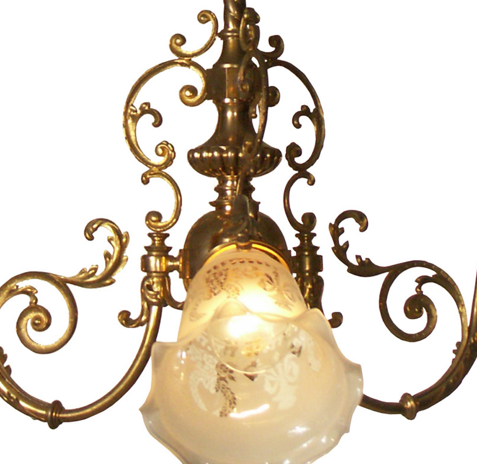 In Vienna the private houses were connected to the electricity grid, circa 1900. At that time the common gaslights were changed to the new technology. As well new chandelier were built for electric light only. This typical Viennese chandelier has