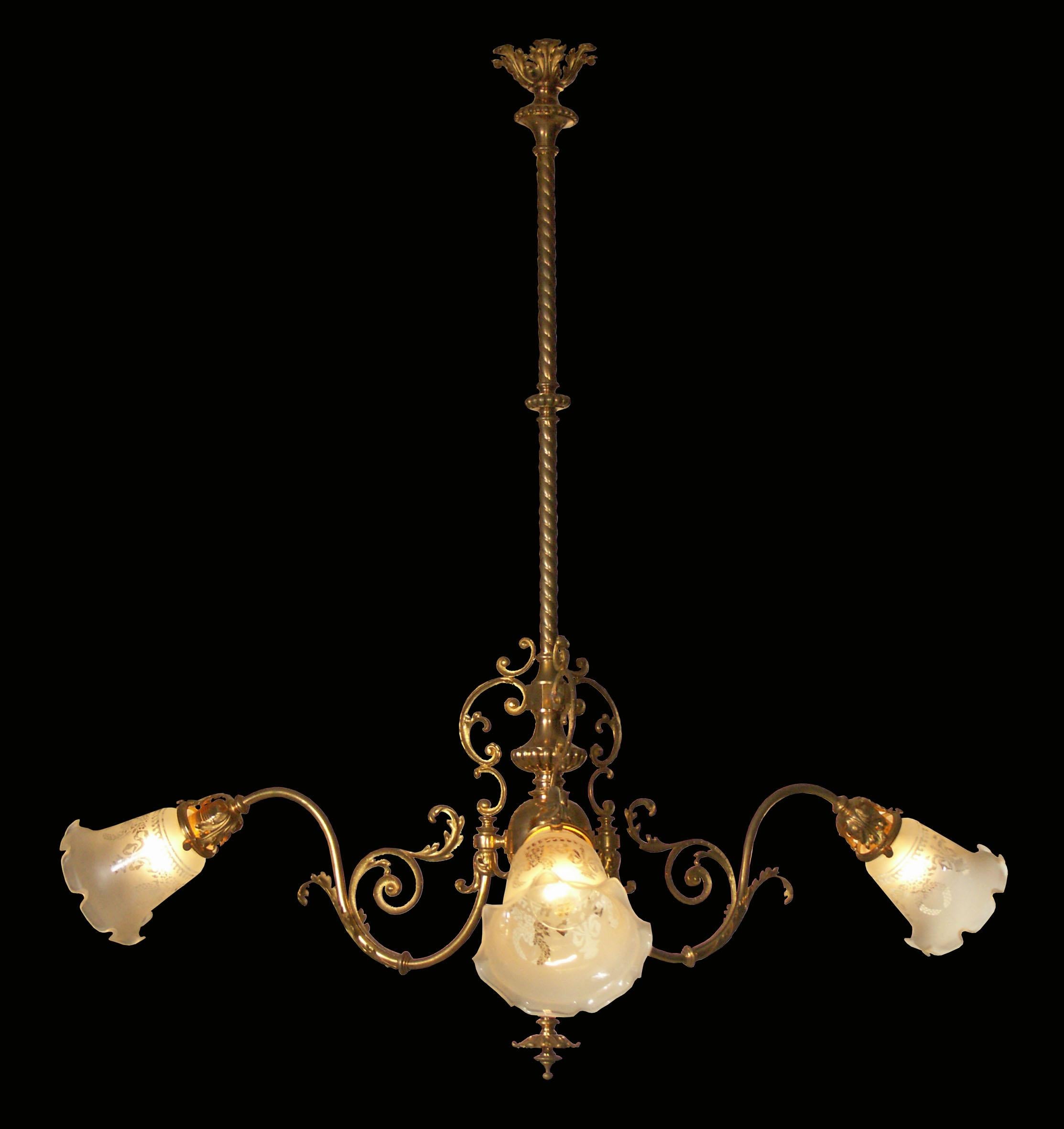 Original Viennese Jugendstil Ringstrassen Style Chandelier Restored, New Shades In Good Condition For Sale In Vienna, AT