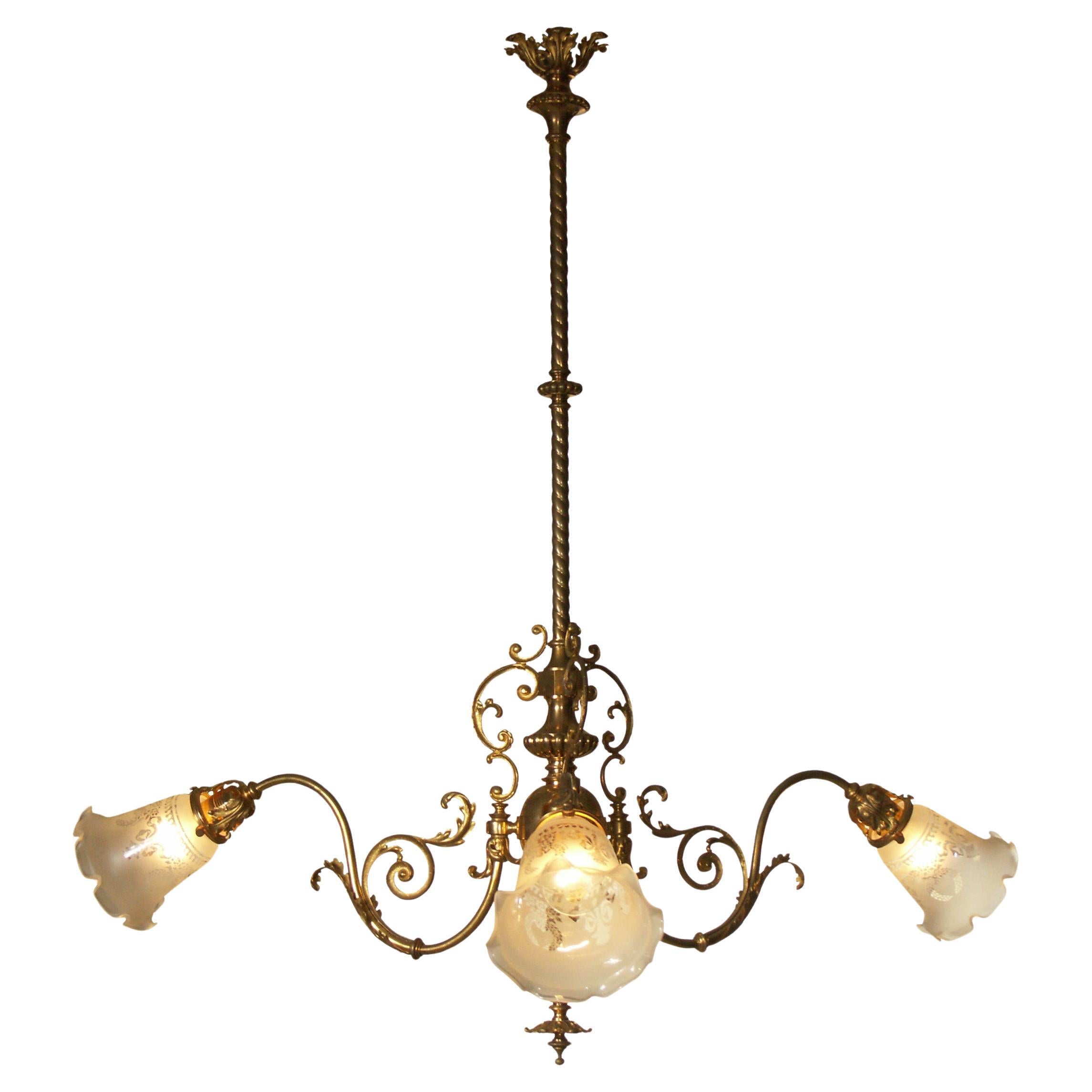 Original Viennese Jugendstil Ringstrassen Style Chandelier Restored, New Shades