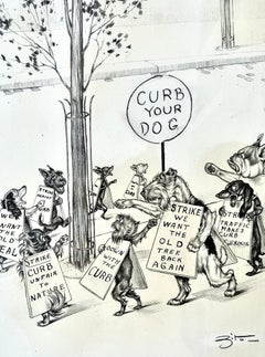 Original Vincenzo Zito Humorous Dog Protest Graphite Drawing, Circa 1950