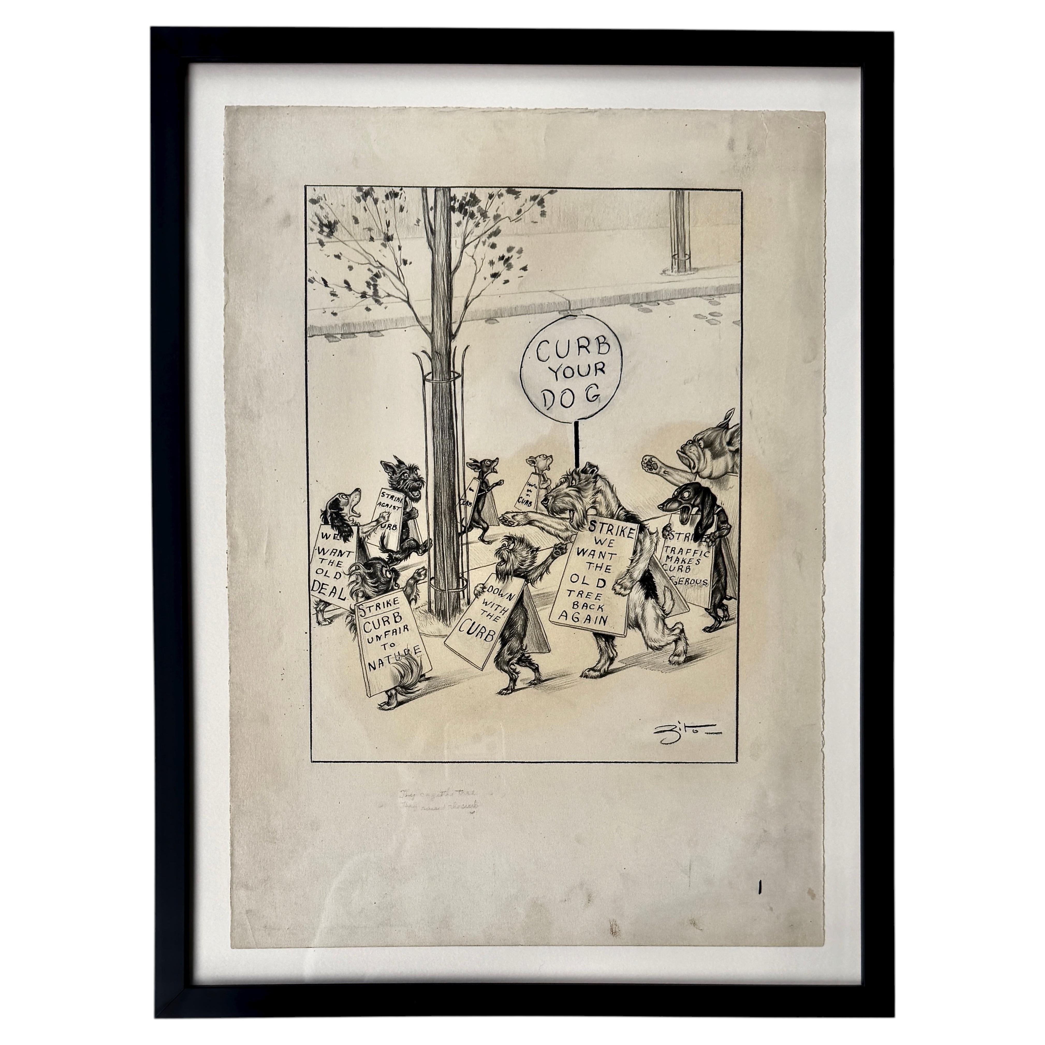 Original Vincenzo Zito Humorous Dog Protest Graphite Drawing, Circa 1950 For Sale