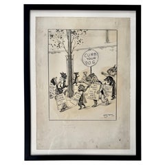 Original Vincenzo Zito Humorous Dog Protest Graphite Drawing, Circa 1950