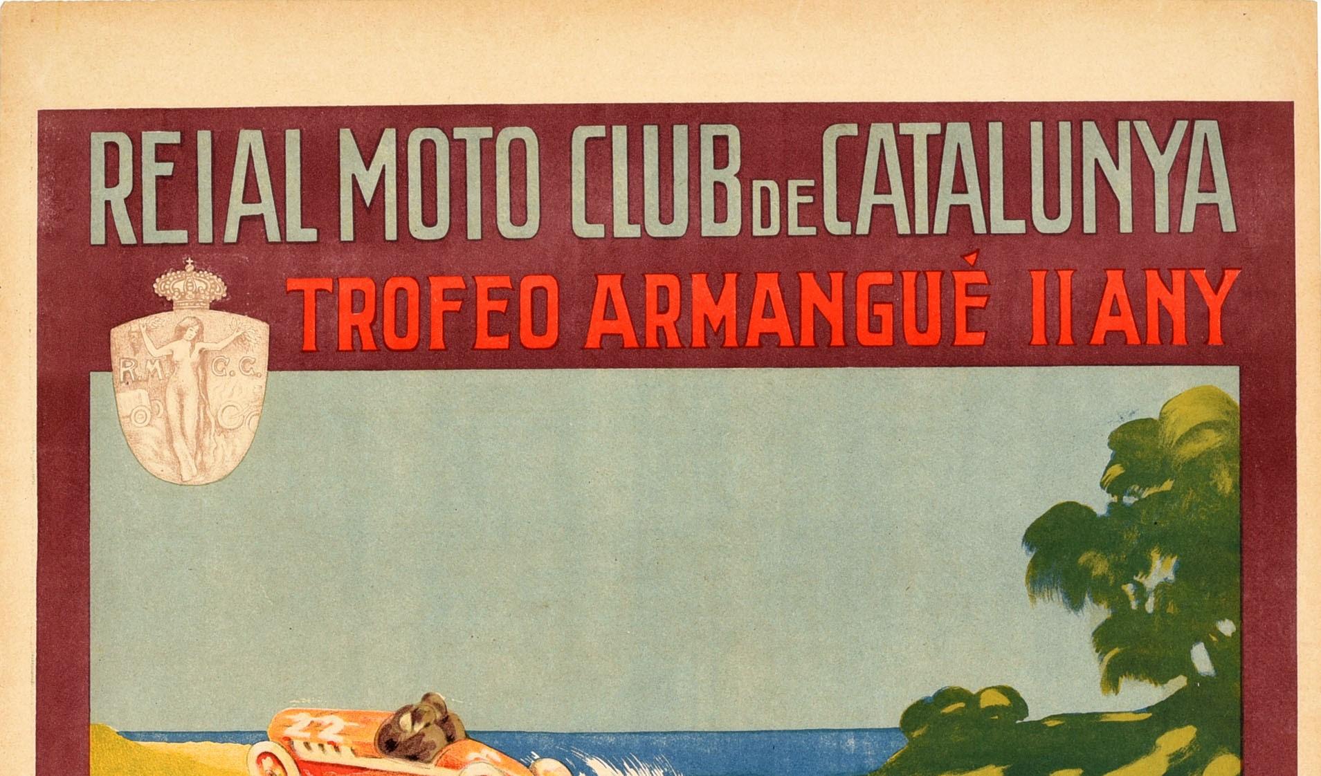 Affiche originale de course automobile d'époque annonçant le Trophée Armangué à Tarragone le 29 octobre 1922 organisé par le Reial Moto Club de Catalunya / Royal Moto Club de Catalogne. Illustration dynamique de deux hommes dans une voiture de