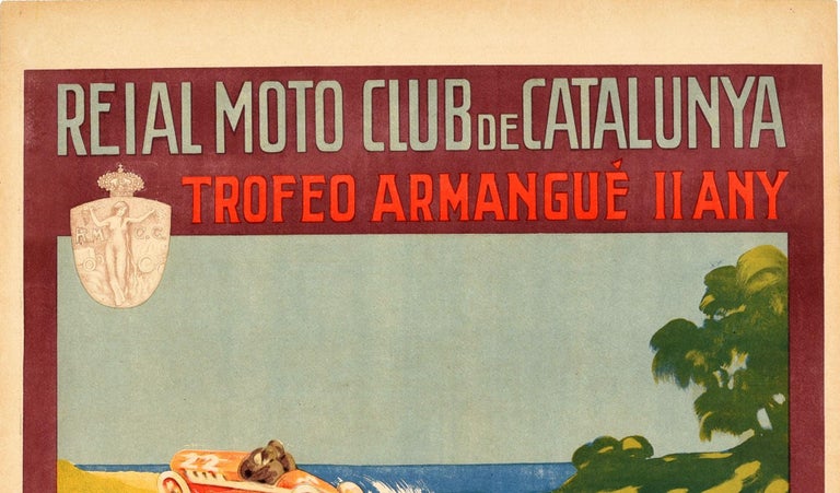 Original vintage motor car racing poster advertising the Armangué Trophy in Tarragona on 29 October 1922 organized by the Reial Moto Club de Catalunya / Royal Moto Club of Catalonia. Dynamic illustration of two men in a classic blue race car marked