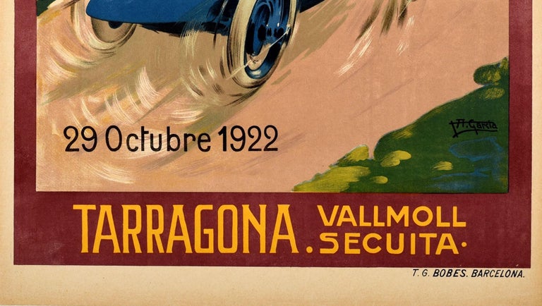 Original Vintage 1922 Motor Car Racing Poster Armangue Trophy Tarragona Spain In Excellent Condition For Sale In London, GB