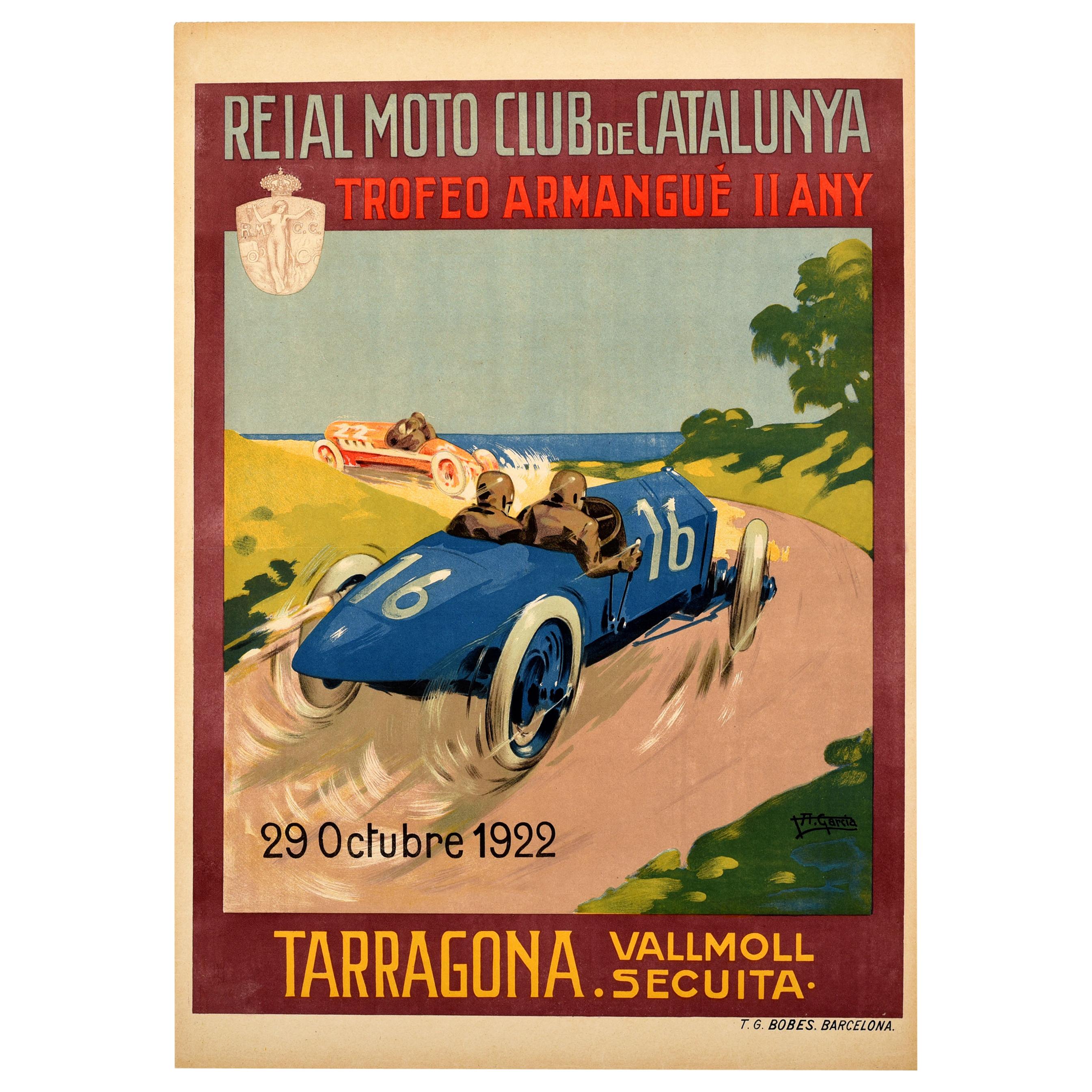Original Vintage 1922 Cartel Automovilismo Trofeo Armangue Tarragona España