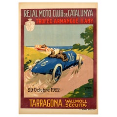 Original Antique 1922 Motor Car Racing Poster Armangue Trophy Tarragona Spain