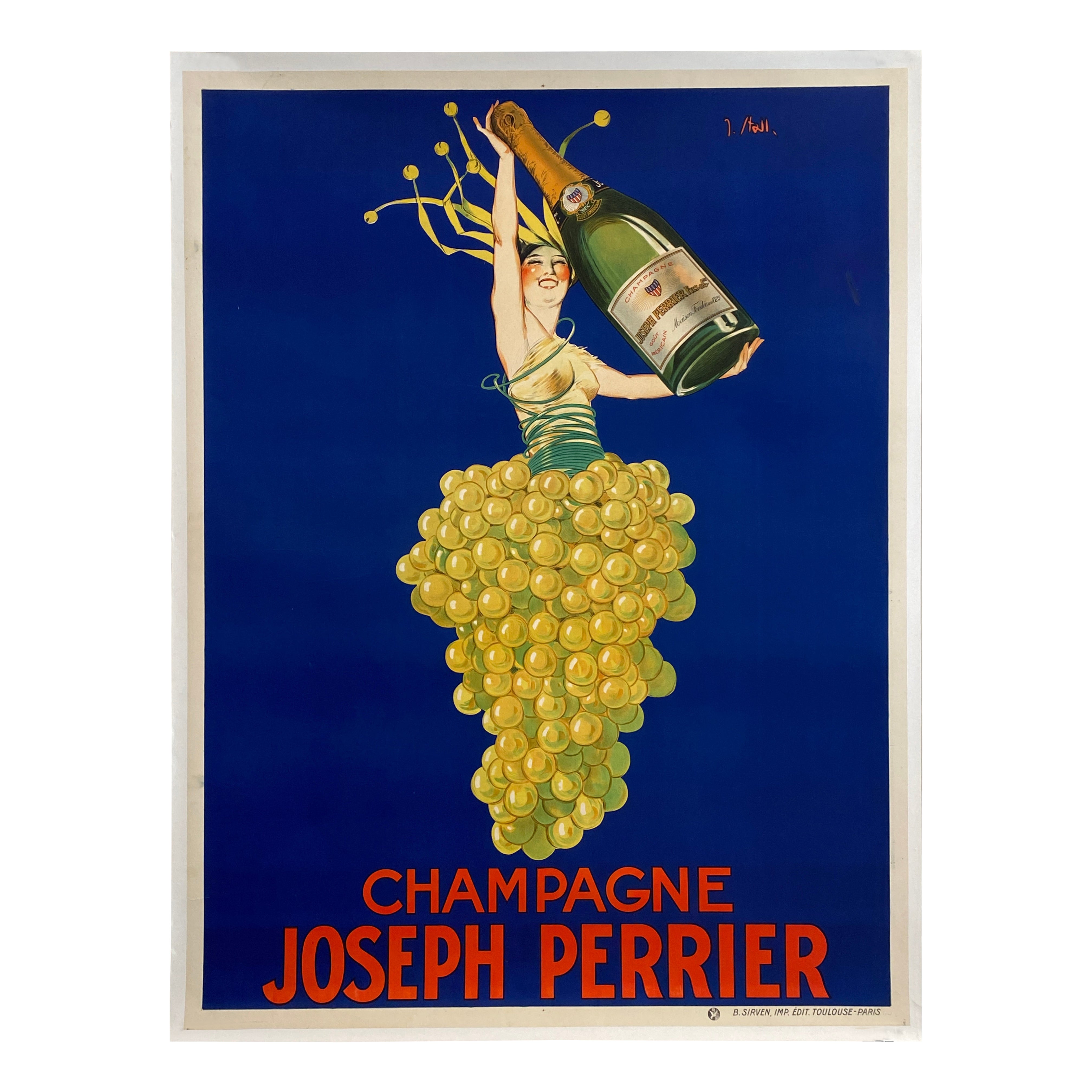 Poster originale d
epoca del 1926 sullo champagne, "Champagne Joseph Perrier" di J. Stall