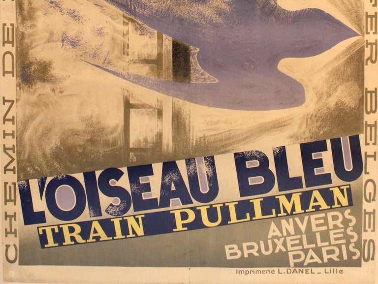 Original Vintage 1929 Art Deco Pullman Train Poster by Cassandre - L'Oiseau Bleu In Good Condition For Sale In London, GB