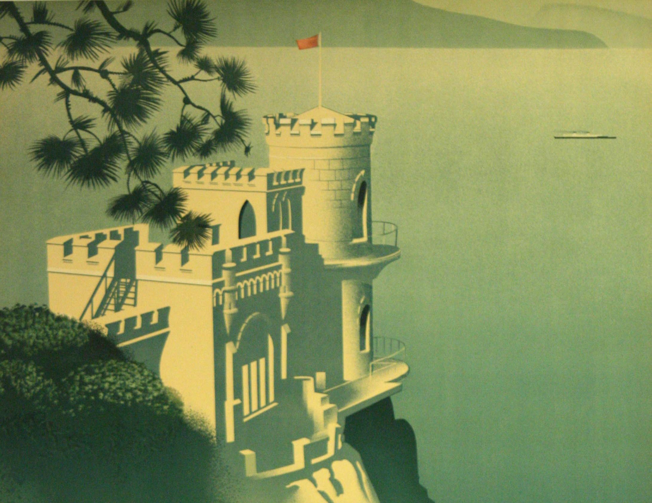 Original vintage Soviet Intourist travel advertising poster for The Crimea featuring an iconic image of the Swallow's Nest castle on the Black Sea coast near Yalta on top of the Aurora Cliff with a ship on the water and trees and fruit in the