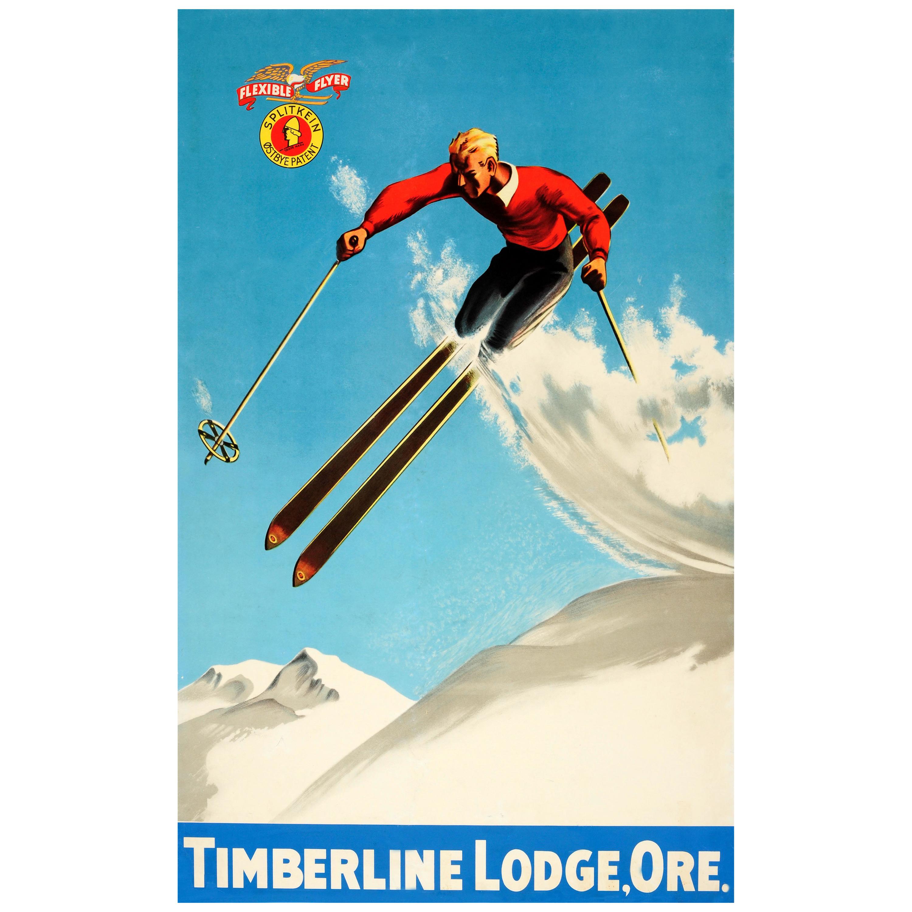 Original Vintage 1930s Ski Poster For Timberline Lodge Oregon & Splitkein Ostbye