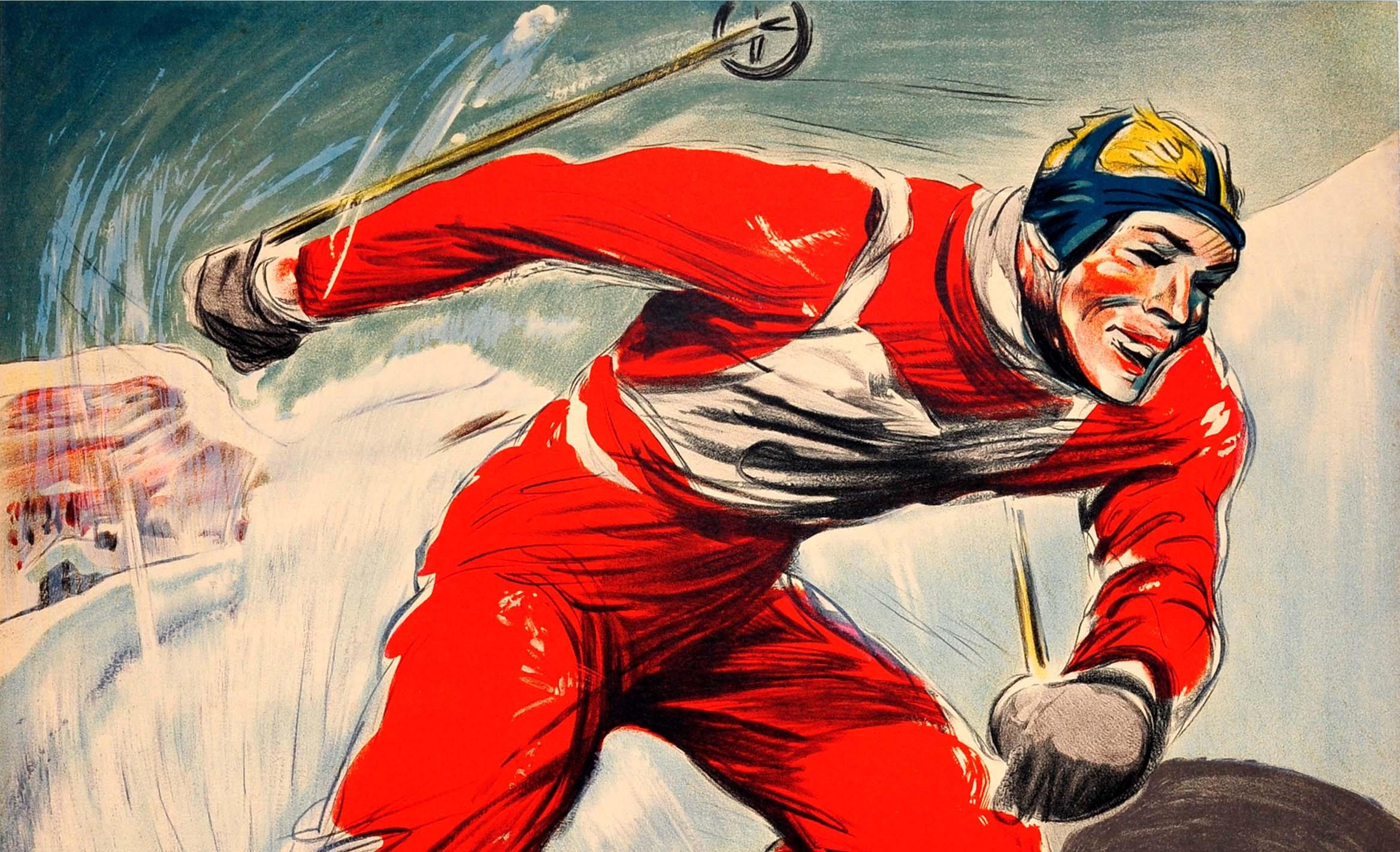 Original vintage skiing poster by Paul Ordner (1900-1969) featuring a dynamic image of a skier carving through the turns of a slalom race on a mountain piste. Mont Revard is a mountain in the Bauges mountain range in Savoie, France, home to the Le