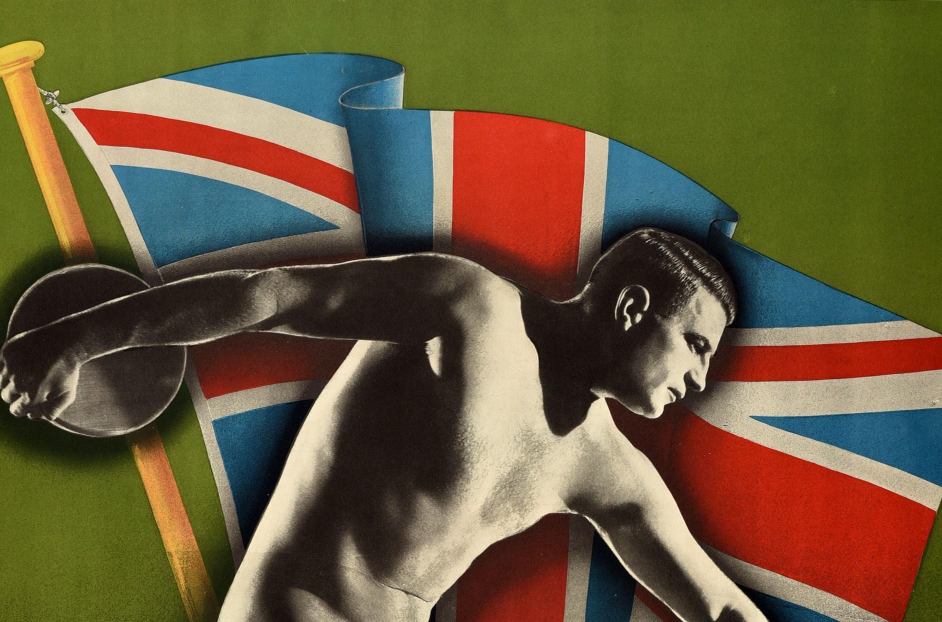 Original vintage sporting event poster for The British Empire Games 5-12 February 1938 Sydney Australia – Australia's 150th Anniversary Celebrations. Colorful dynamic design featuring a black and white image of a nude athlete in position to throw a