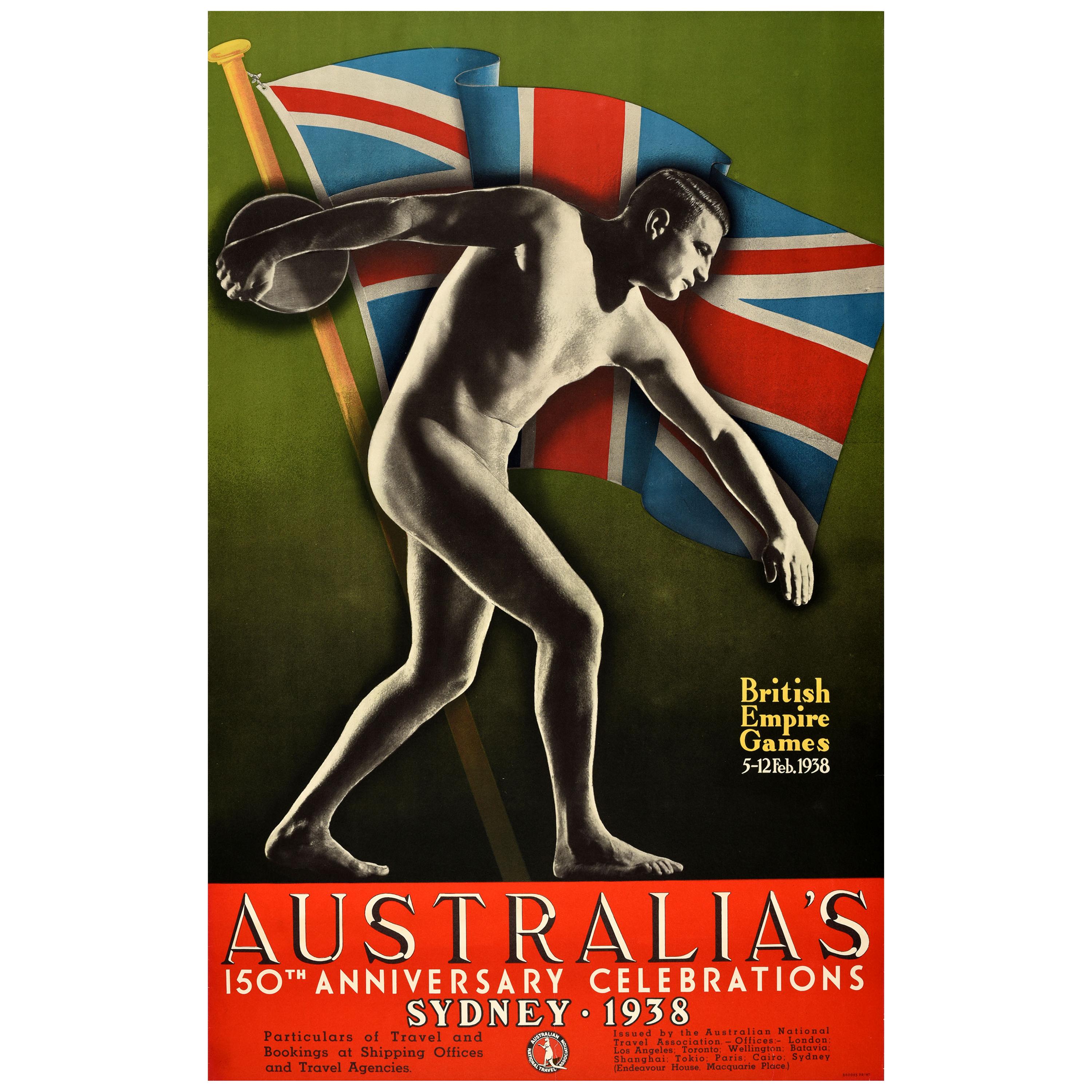 Original Vintage 1938 British Empire Games Poster Sydney Australia Commonwealth