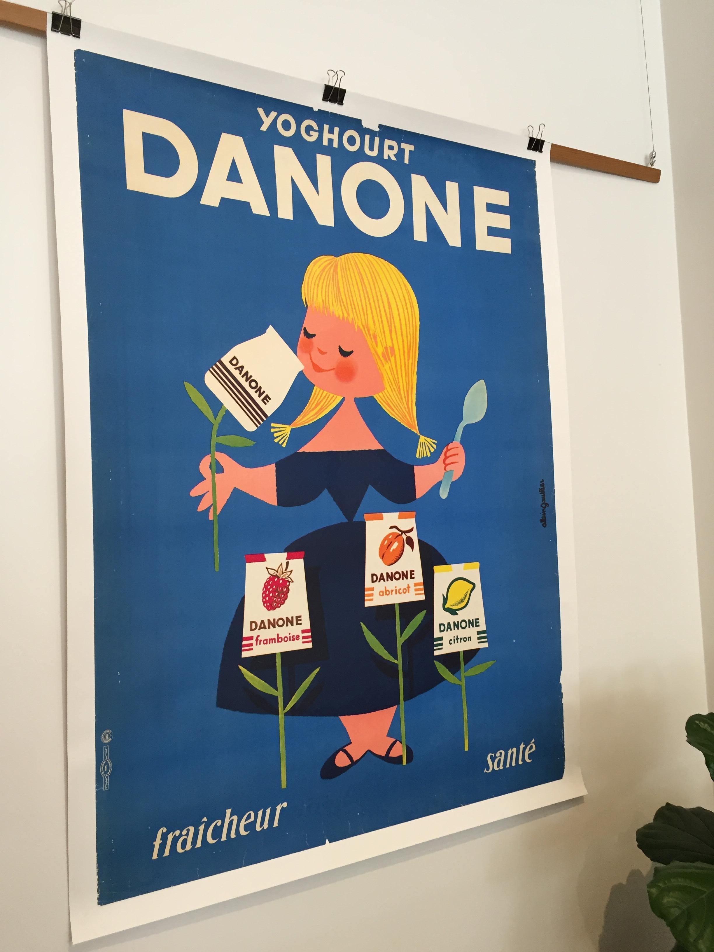 Original vintage 1950s advertising poster for Dairy product, 'Danone' 

Cute poster advertising ‘Danone’ dairy products in the 1950s. A great poster by French artist Alain Gautier. Bright and colourful, a poster that brings happiness to any