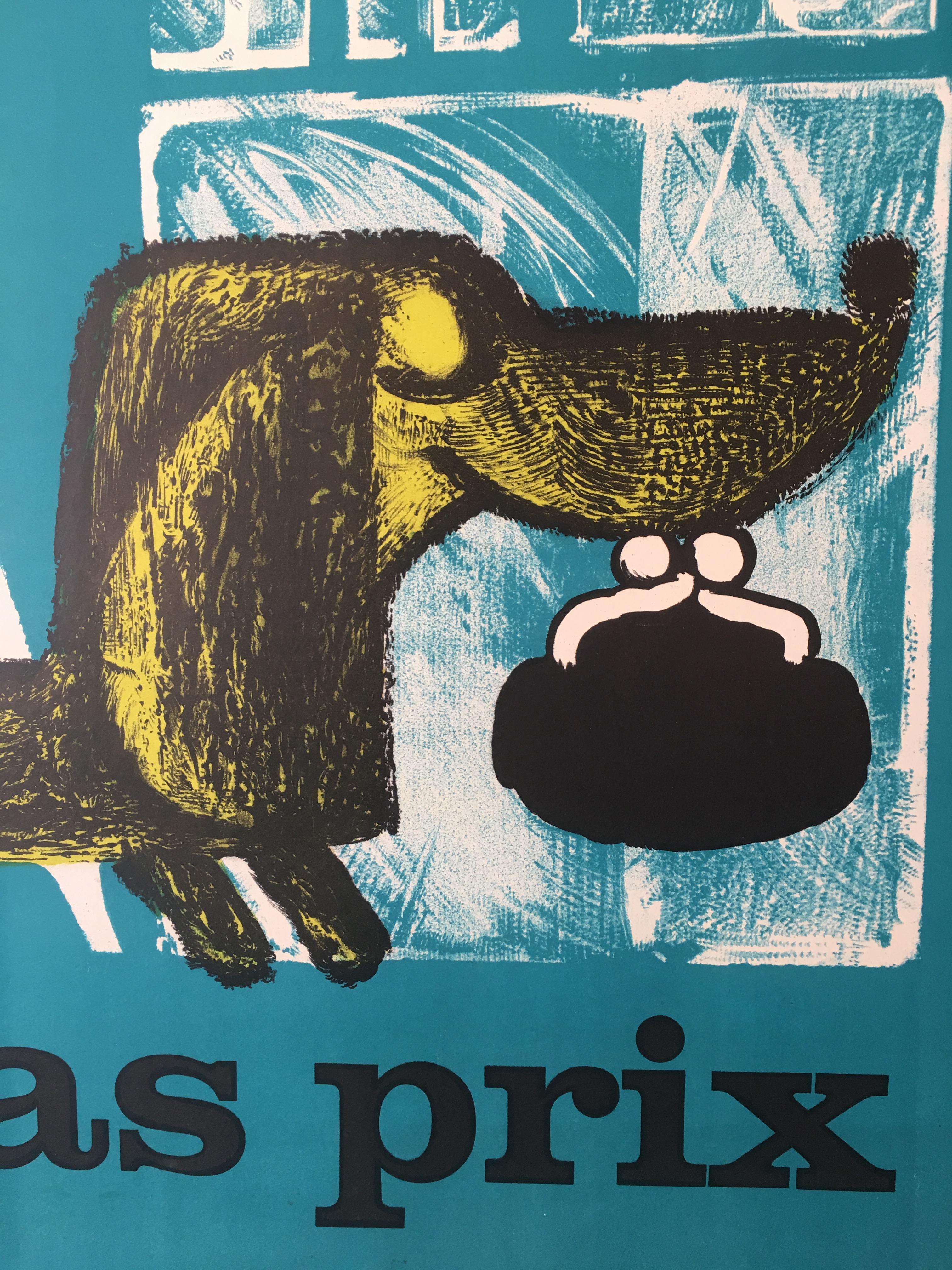 Original vintage 1960s French sale advertising poster 'Bas prix' by Rousseau. 

A charming 1960s poster featuring a sausage-dog holding a purse walking underneath a giraffe, 'bas prix' translates to 'low price' 
 
Artist: 
Rousseau 

Year