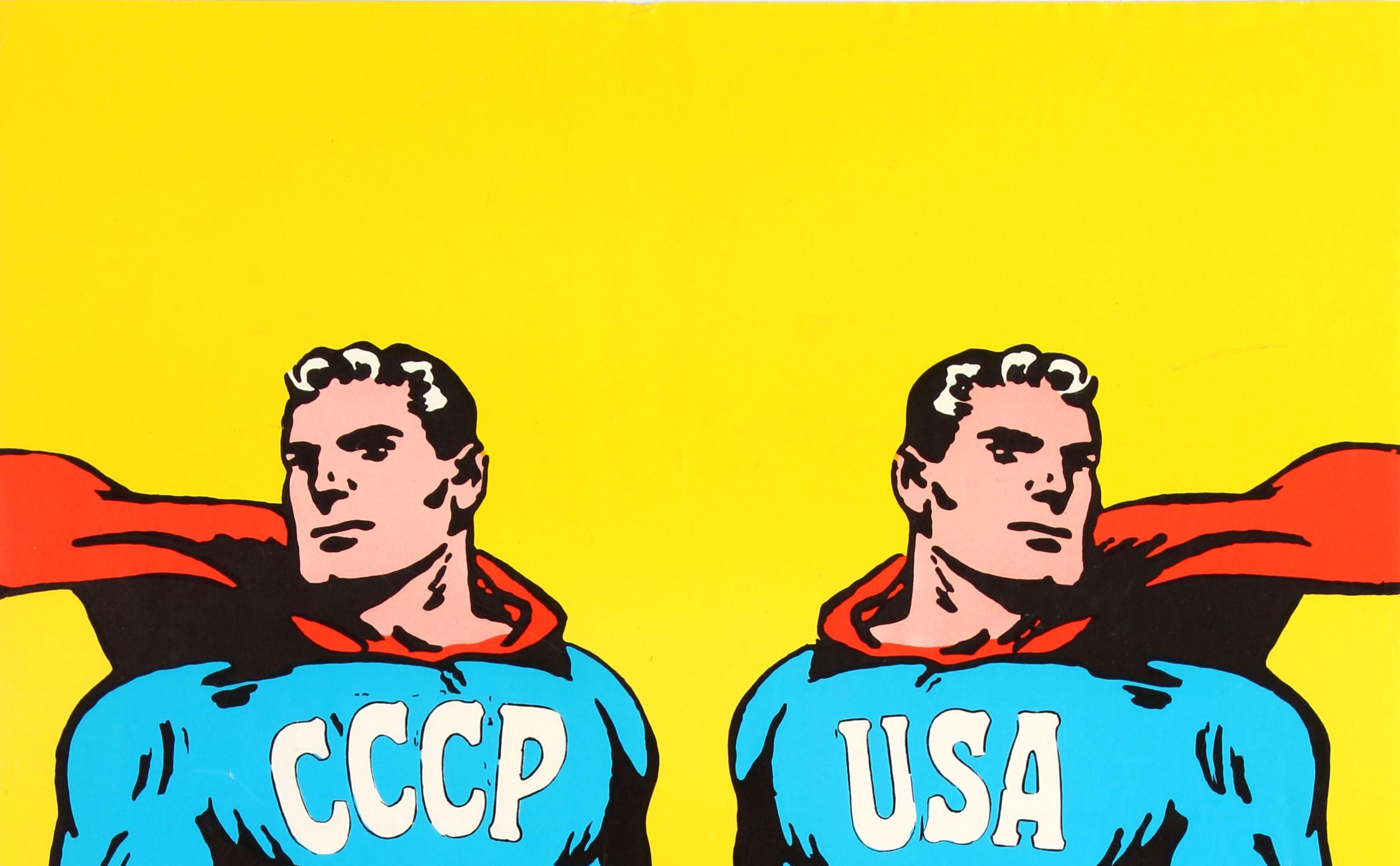 Original vintage Superman style poster - CCCP USA - by the renowned graphic designer Roman Cieslewicz (1930-1996) featuring a colourful image of mirror versions of the comic book superhero Superman as the Cold War rivals USSR (CCCP / Soviet Union)