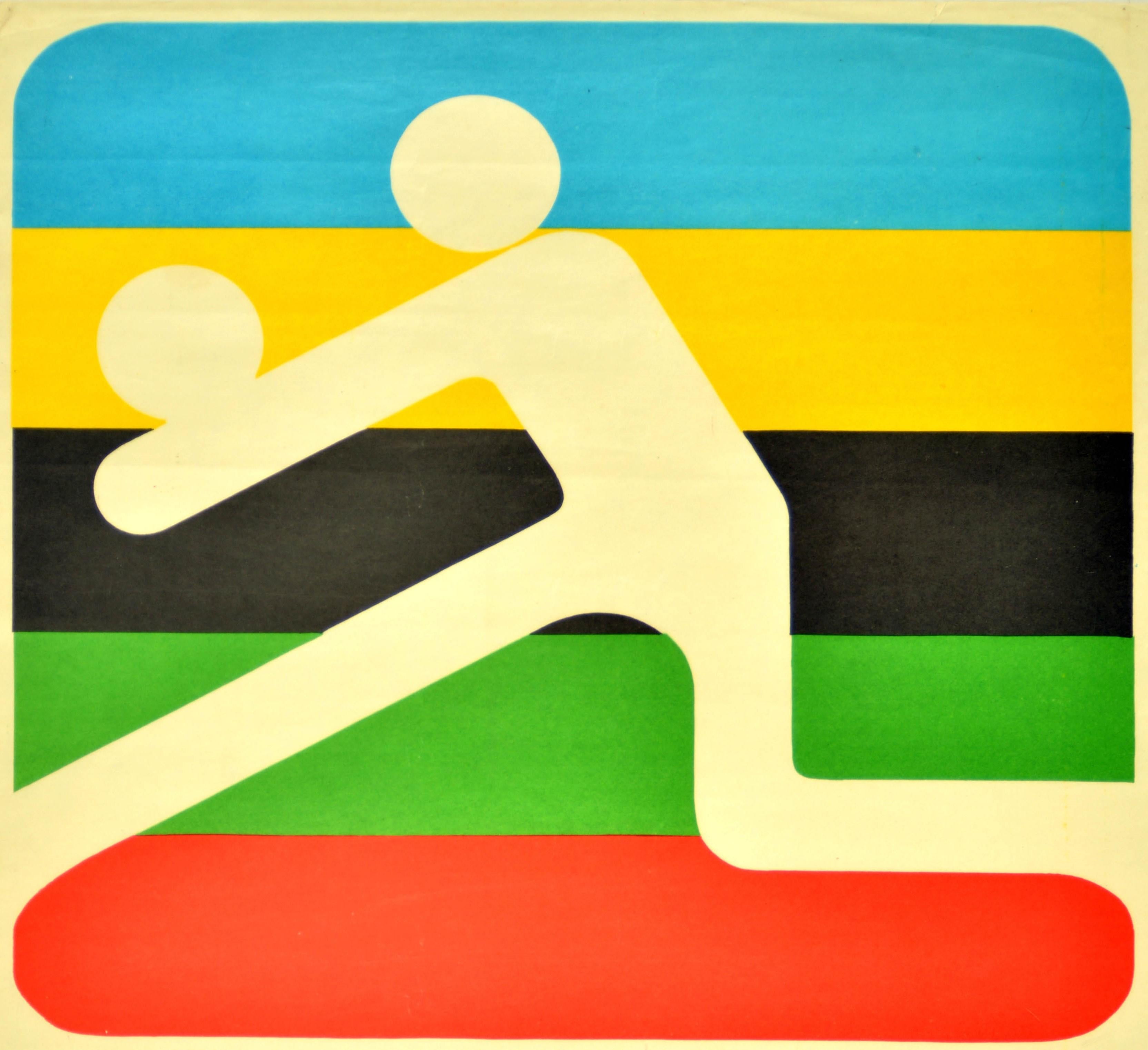 Original vintage sport poster promoting volleyball at the 22nd Summer Olympic Games / Games of the XXII Olympiad in 1980 held in Moscow Russia featuring a colorful pictogram design for Olympic volleyball against a striped background of the five