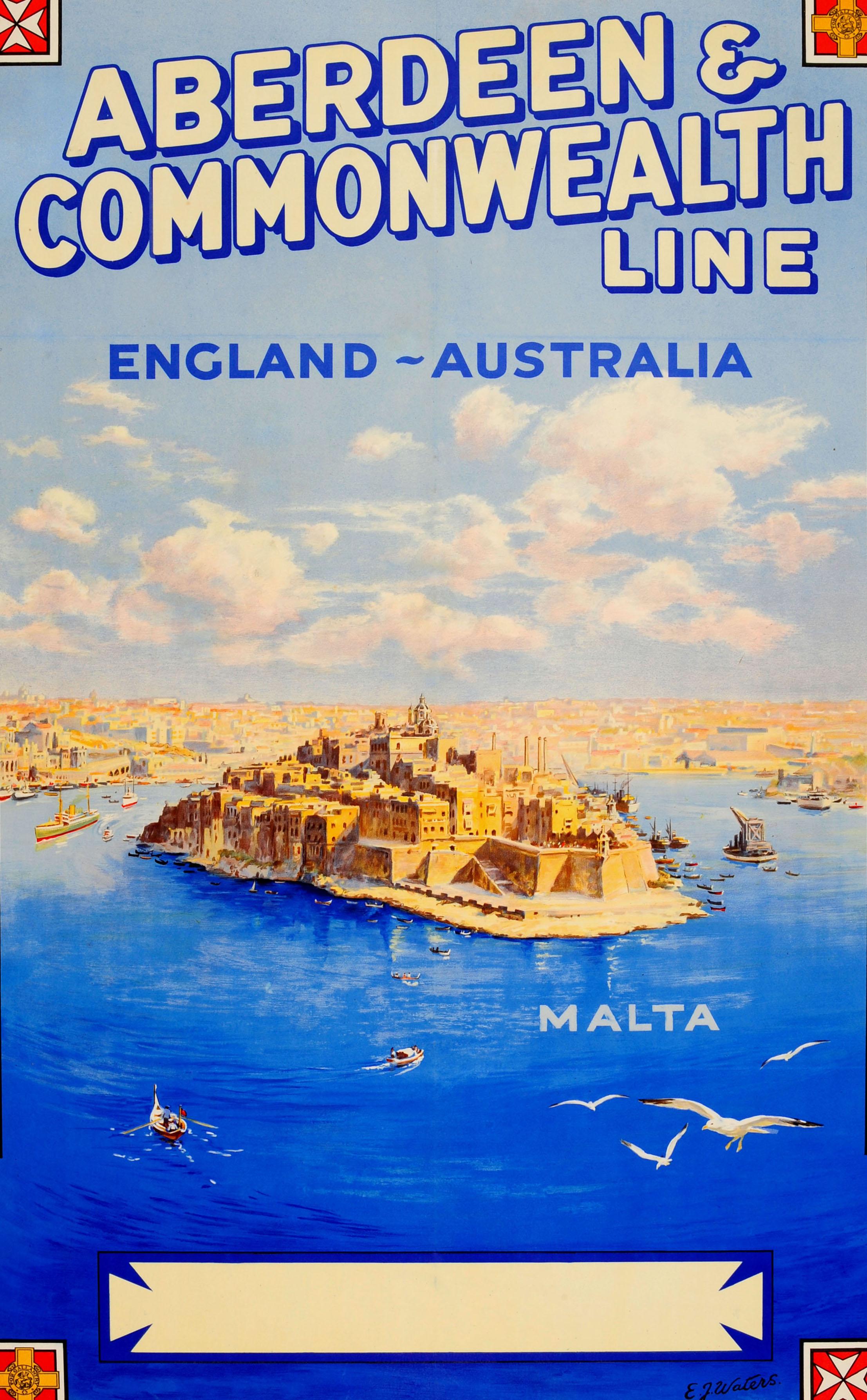 Original vintage cruise liner travel poster promoting the Aberdeen and Commonwealth Line cruise ship services from England to Australia featuring a scenic view over the historic city centre in the Grand Harbour Port of Valletta in the Mediterranean