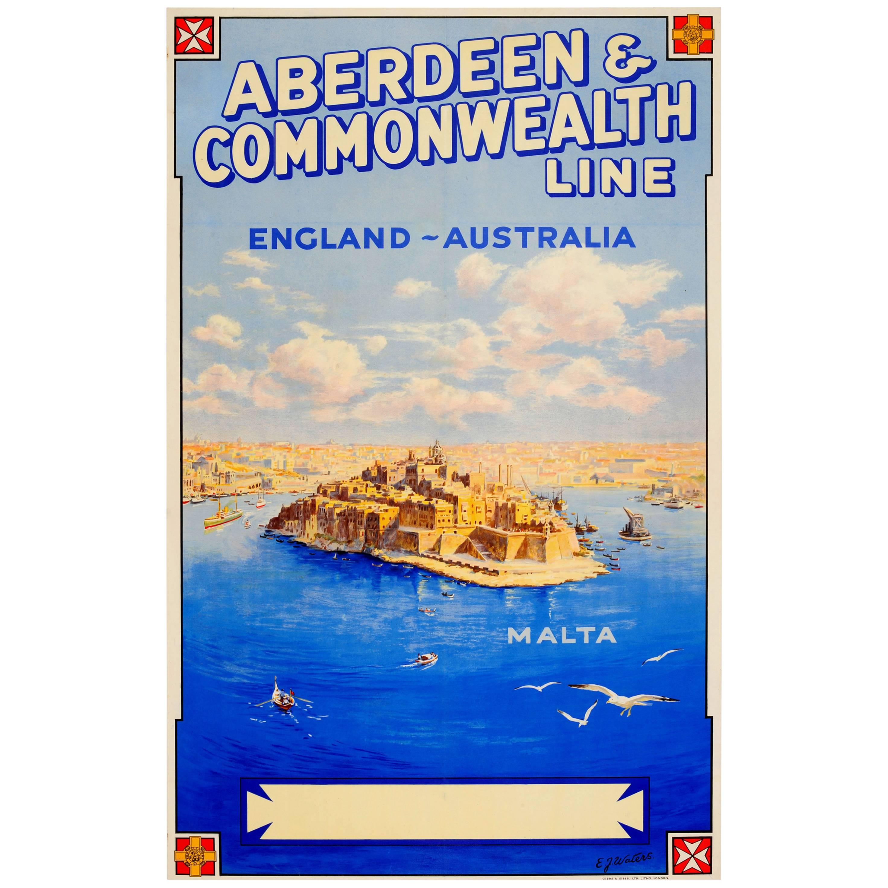 Original Vintage Aberdeen & Commonwealth Line England Australia Poster Ft. Malta