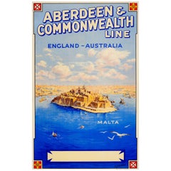 Original Vintage Aberdeen & Commonwealth Line England Australia Poster Ft. Malta