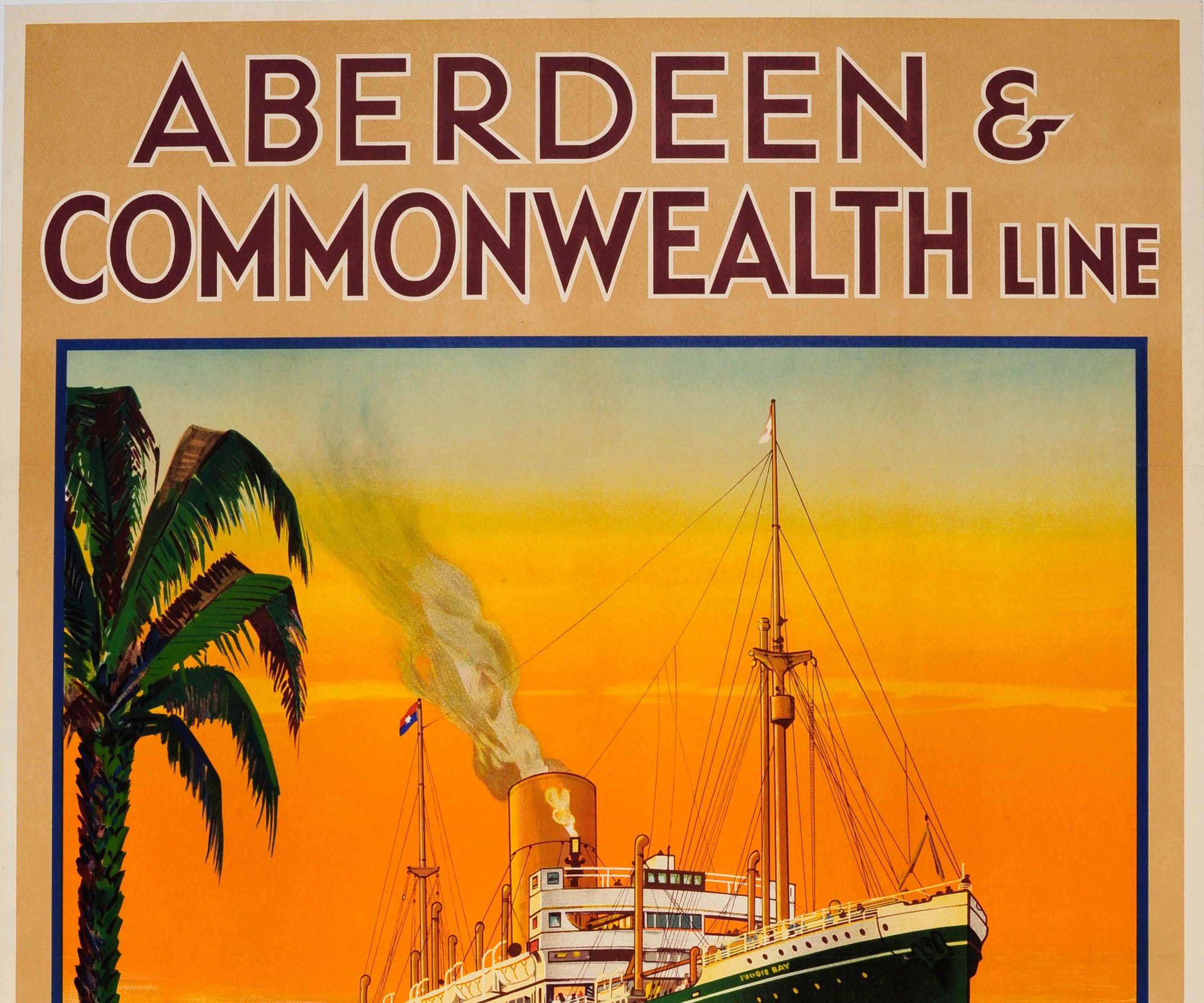 Original vintage travel poster advertising Aberdeen and Commonwealth Line one class service England to Australia via Malta Port Said and Columbo featuring a stunning bright and colourful image of a cruise ship at sunset reflected in the water with a