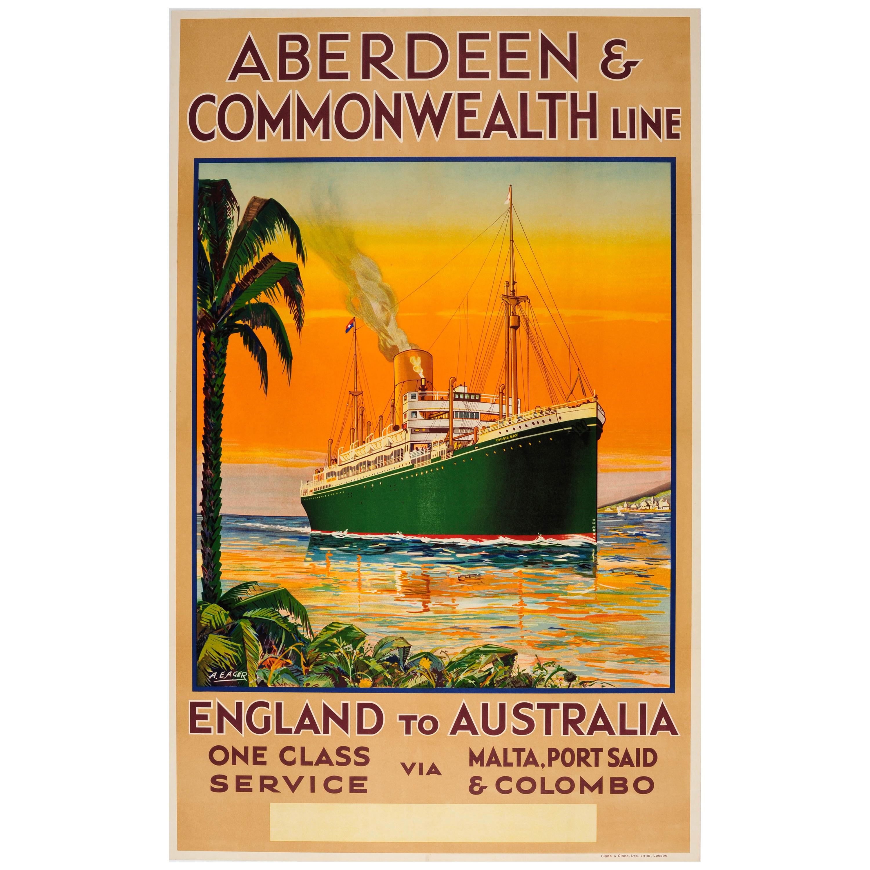 Original Vintage Aberdeen & Commonwealth Line Travel Poster England to Australia