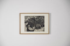 Xilografia astratta originale vintage in bianco e nero di Vide Jansson, incorniciata, anni '60