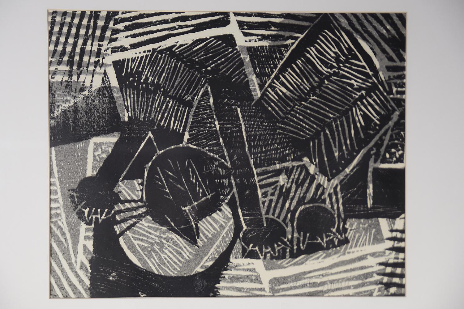Swedish Original Vintage Abstract Black and White Woodcut by Vide Jansson, Framed, 1960s For Sale