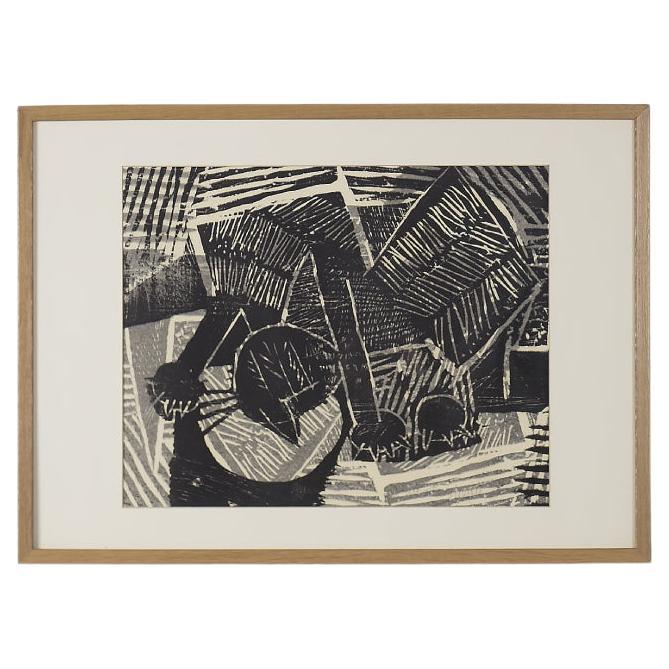 Original Vintage Abstract Black and White Woodcut by Vide Jansson, Framed, 1960s For Sale