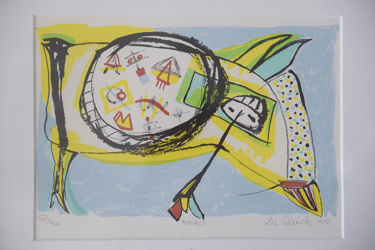 Scandinavian Modern Original Vintage Abstract Color Lithograph, Maskot by Lis Zwick, 1996 For Sale