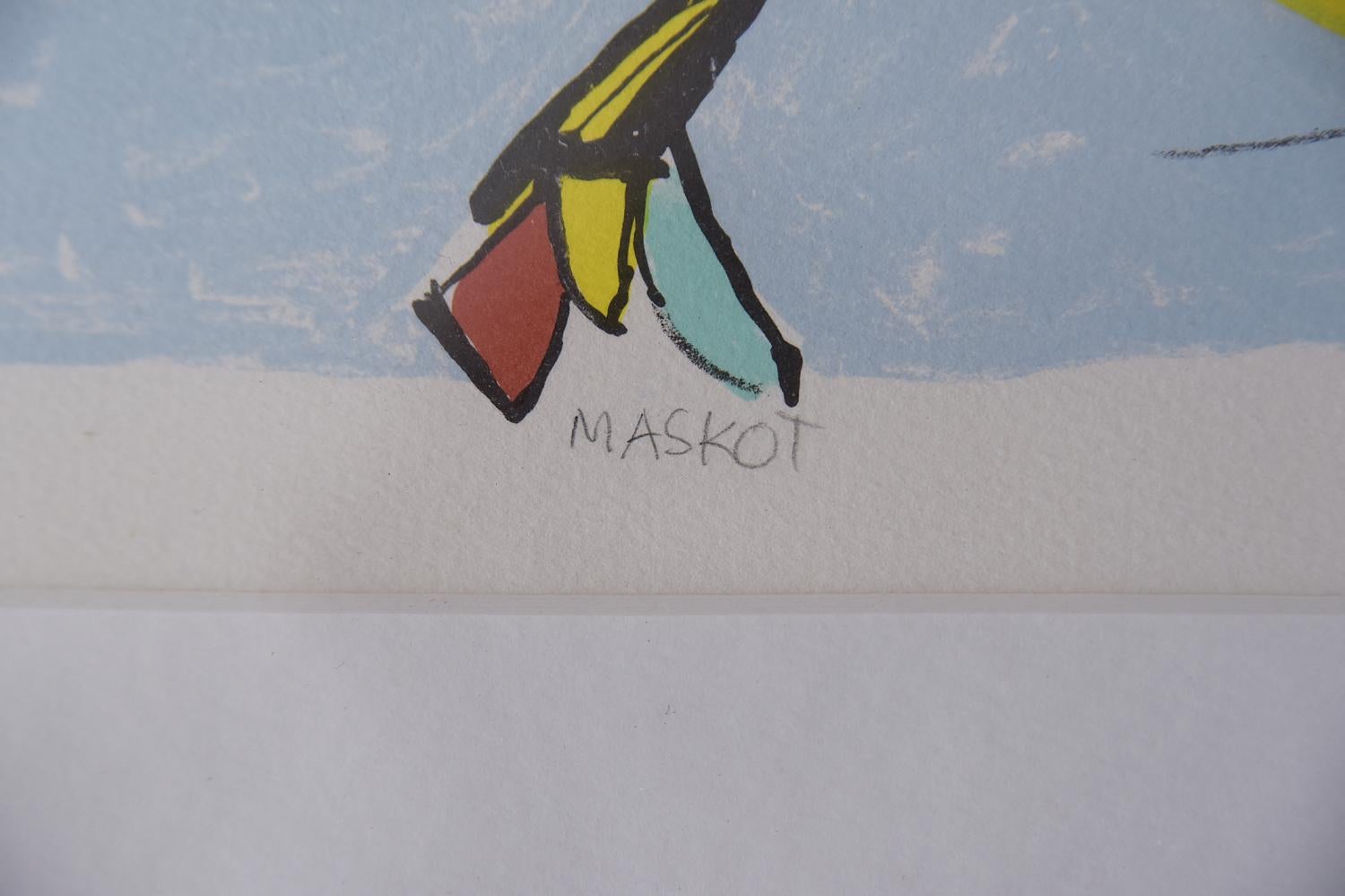 Paper Original Vintage Abstract Color Lithograph, Maskot by Lis Zwick, 1996 For Sale