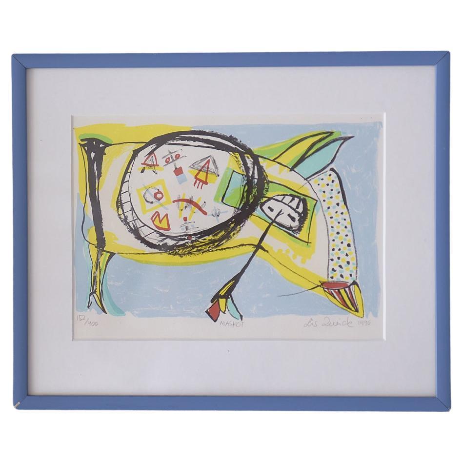Original Vintage Abstract Color Lithograph, Maskot by Lis Zwick, 1996 For Sale