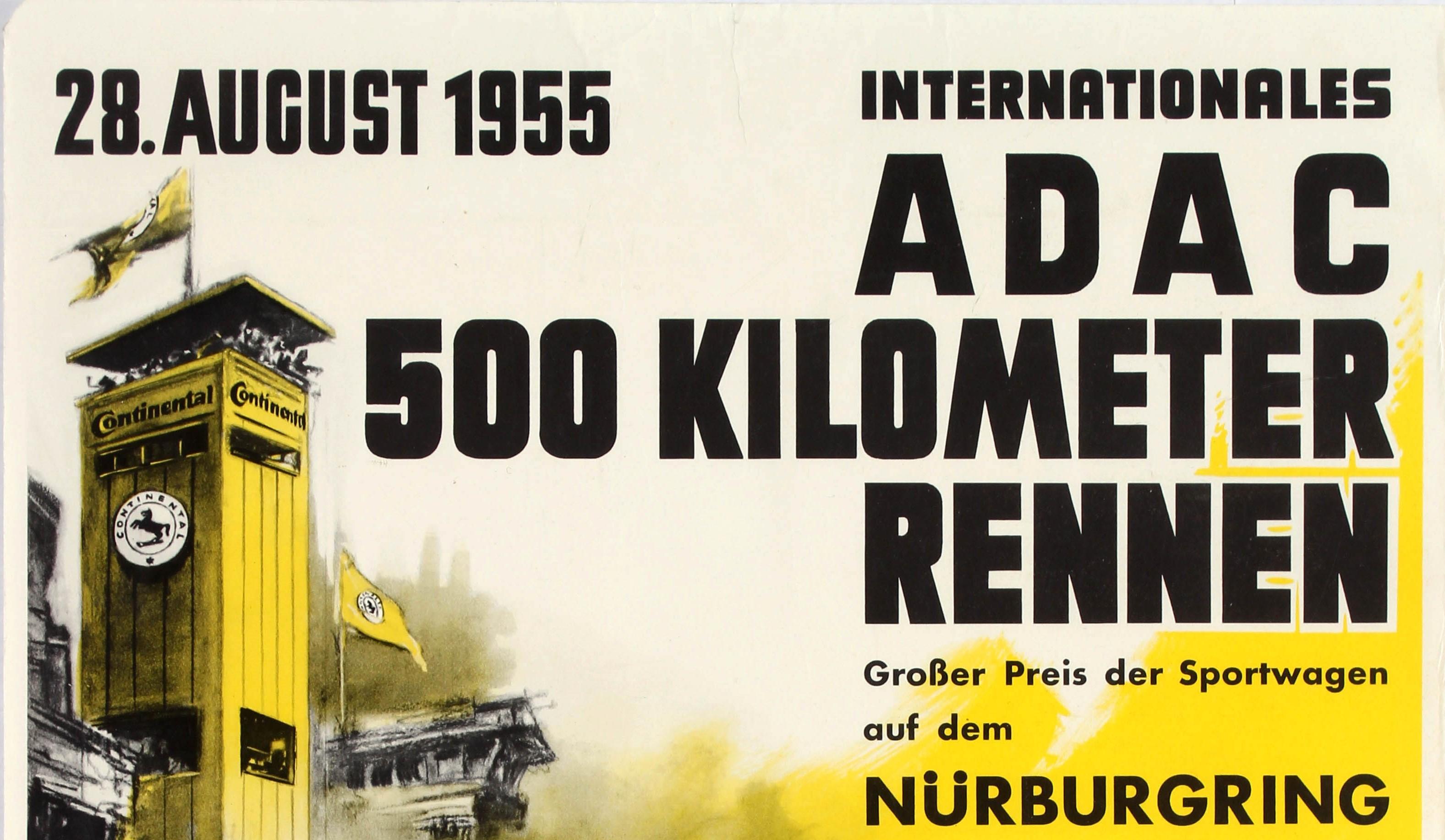 Original vintage German Auto Motorcycle advertising poster for the International ADAC 500 Kilometre Race organised by the German Automobile-Club ADAC and held at the Nurburgring track on 28 August 1955. Dynamic artwork showing a silver car that