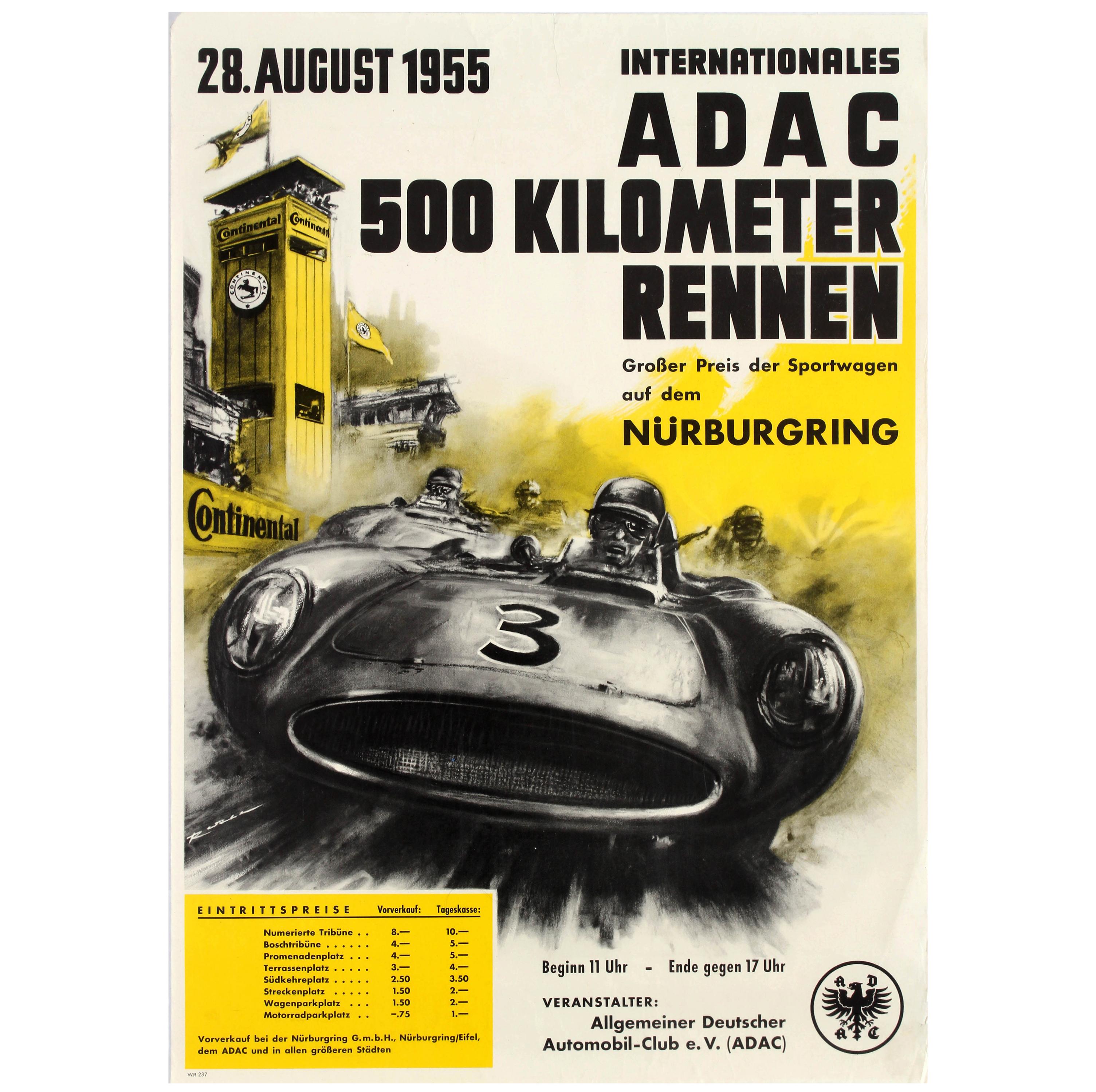 Affiche originale vintage de course de voitures ADAC 500 km à Nurburgring, German Automobile Club