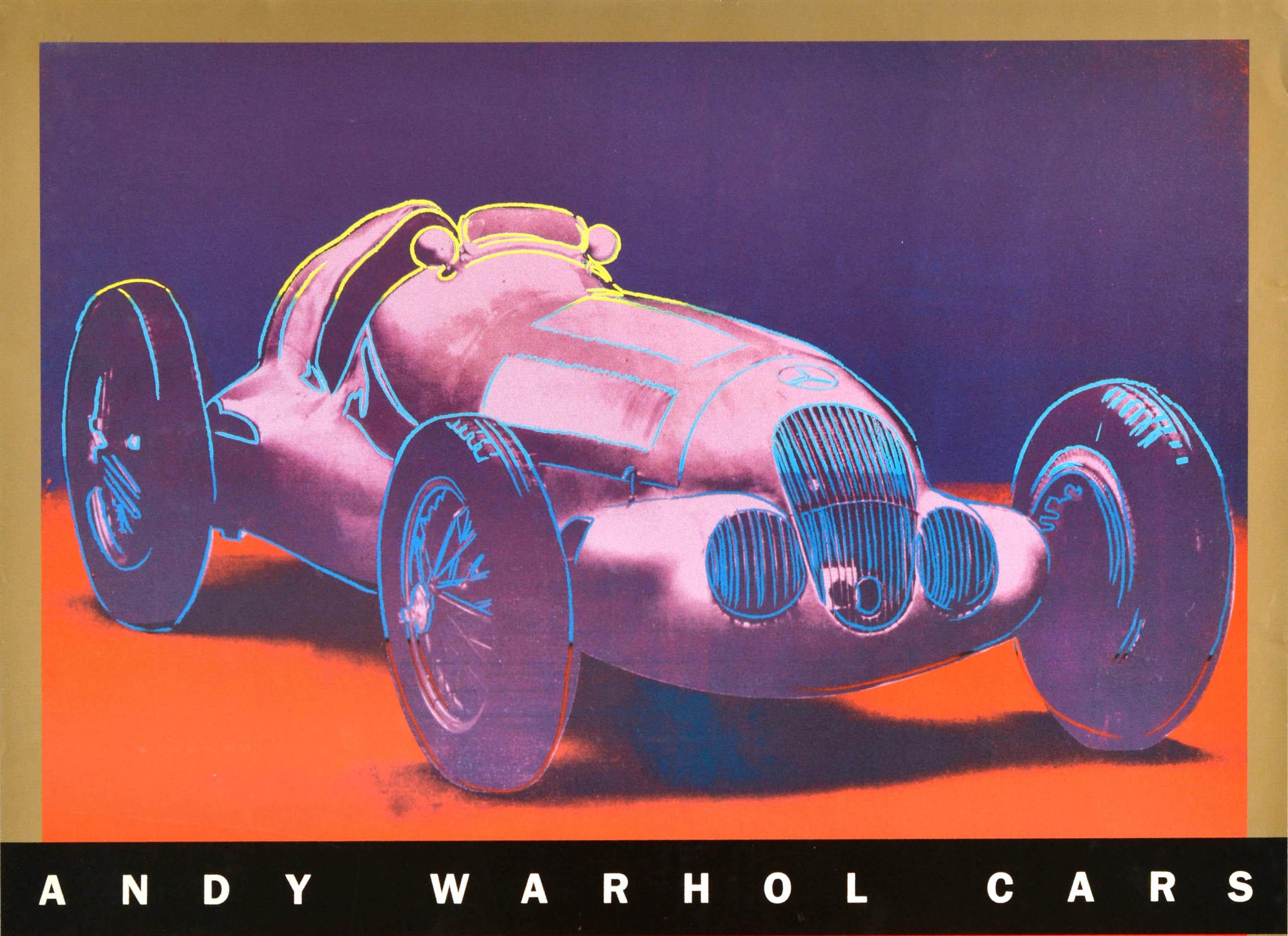 Original vintage advertising poster for the Andy Warhol Cars exhibition at the Solomon R. Guggenheim Museum New York held from 30 September to 27 November 1988 featuring a colourful image of two Mercedes Benz racing cars on purple, red and yellow