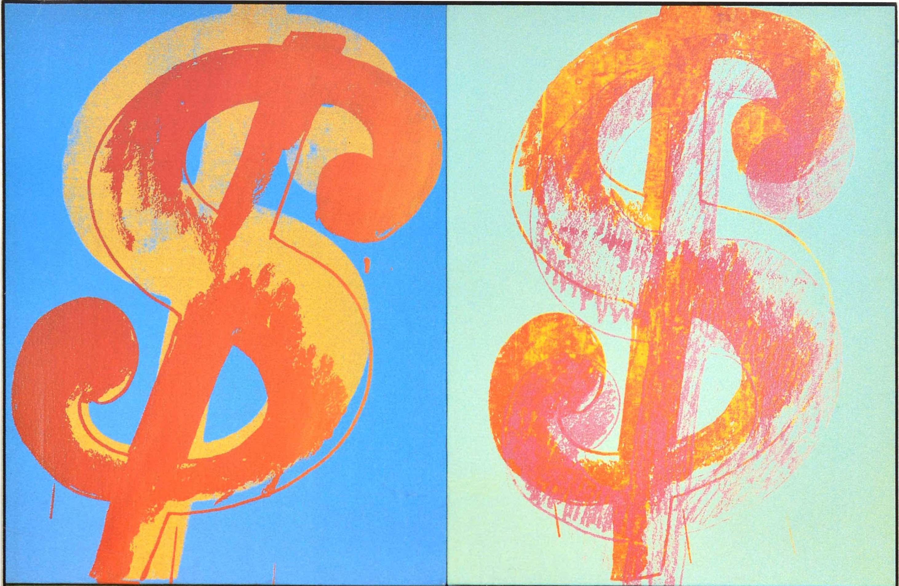 Original vintage advertising poster for an Andy Warhol exhibition at the Galerie Isy Brachot in Brussels Belgium from 25 October to 9 December, featuring four dollar sign symbols in orange, yellow, red and blue on green and blue backgrounds by the