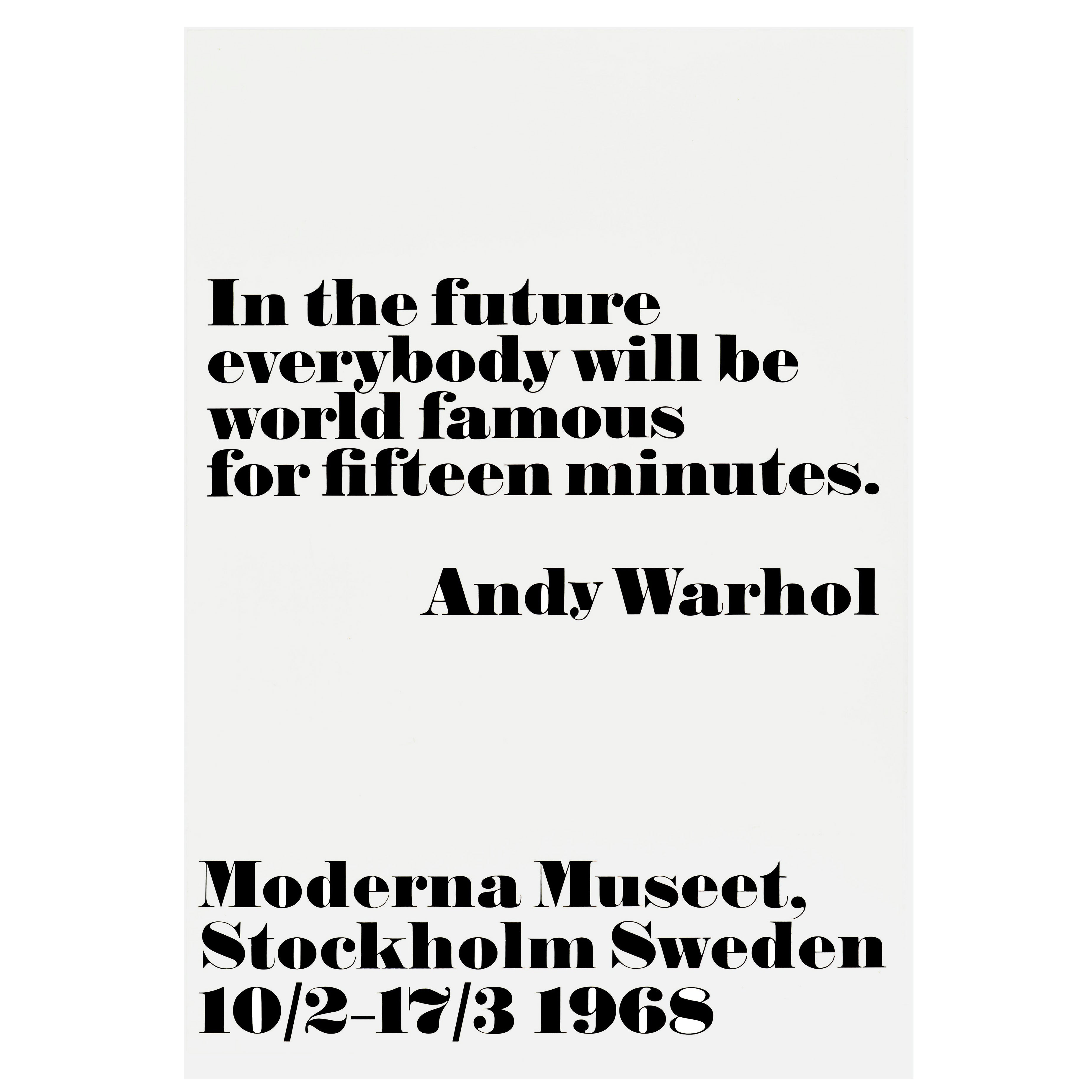 Poster pubblicitario originale d
epoca Andy Warhol Fifteen Minutes Moderna Museet in vendita