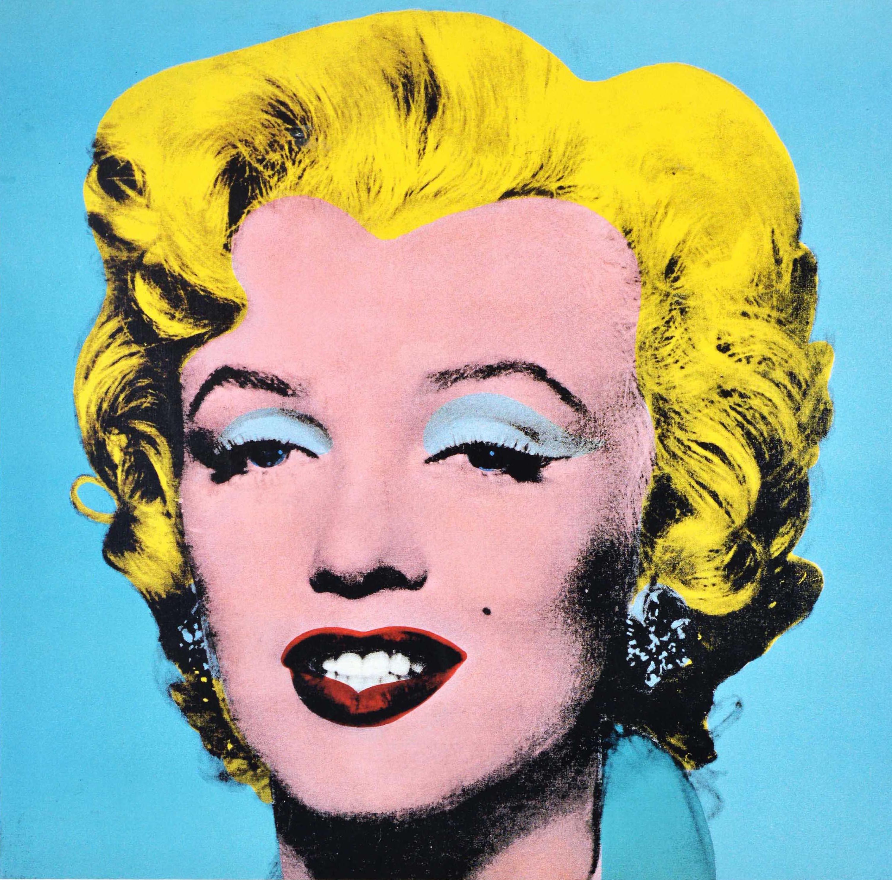 Affiche publicitaire originale d'époque pour l'exposition Andy Warhol Series and Singles à la Fondation Beyeler du 17 septembre au 31 décembre 2000. Cette affiche présente un dessin pop art emblématique du célèbre artiste Andy Warhol (1928-1987)
