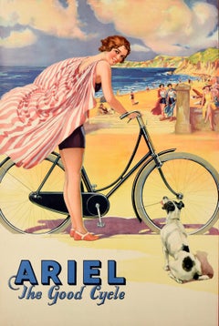 Original Vintage Advertising Poster Ariel The Good Cycle Pinup Beach Dog