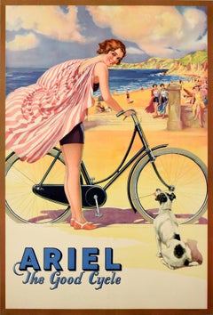 Original Vintage Advertising Poster Ariel The Good Cycle Pinup Beach Dog