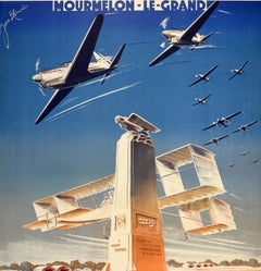 Affiche publicitaire vintage d'origine Henry Farman, Festival de l'aviation, Art déco